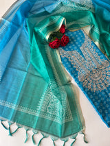 Blue soft Organza crepe with Pitta work and bandej
