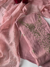 Pastel pink Mul Chanderi dress material with pitta and mukaish work