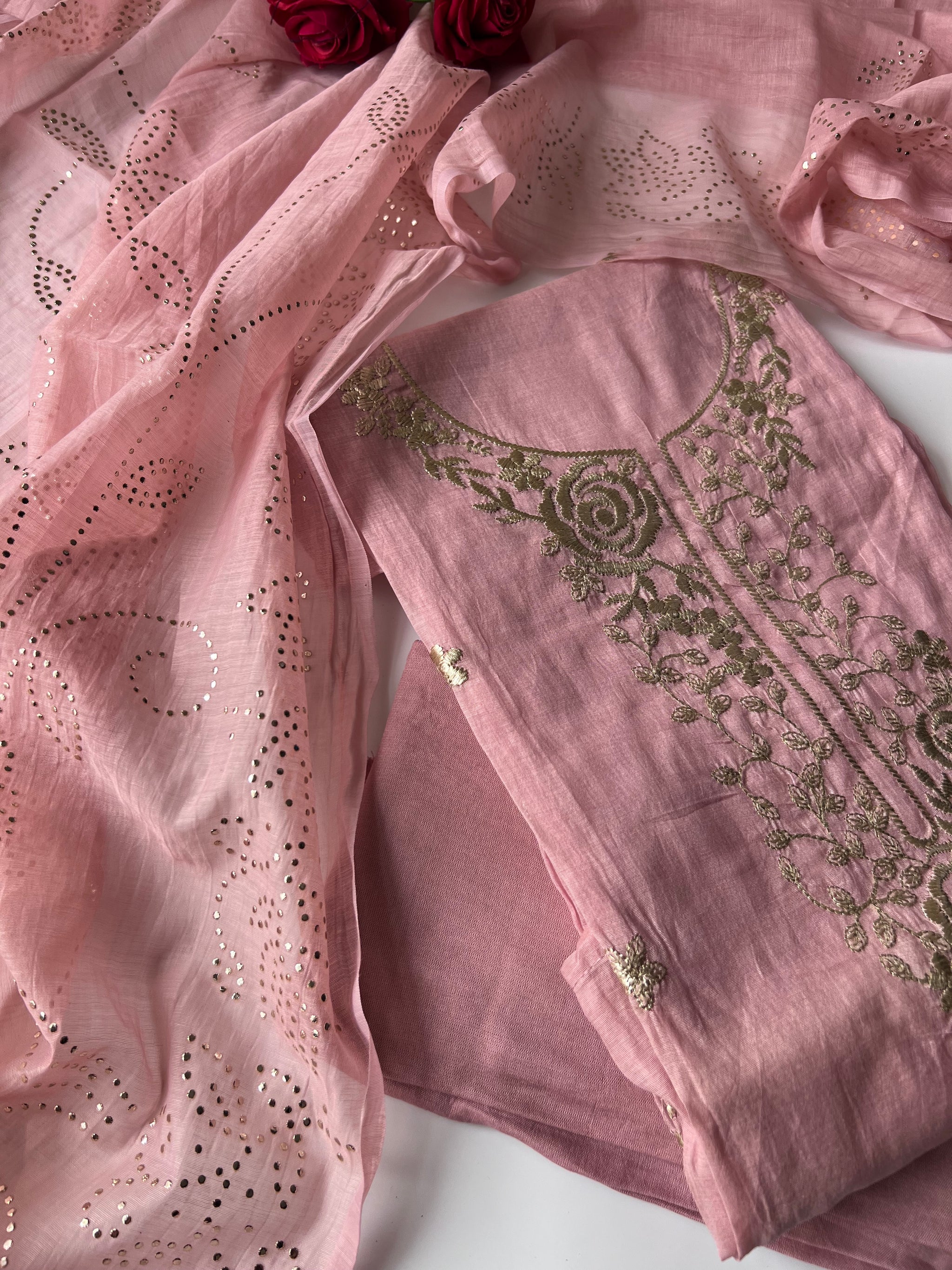 Pastel pink Mul Chanderi dress material with pitta and mukaish work