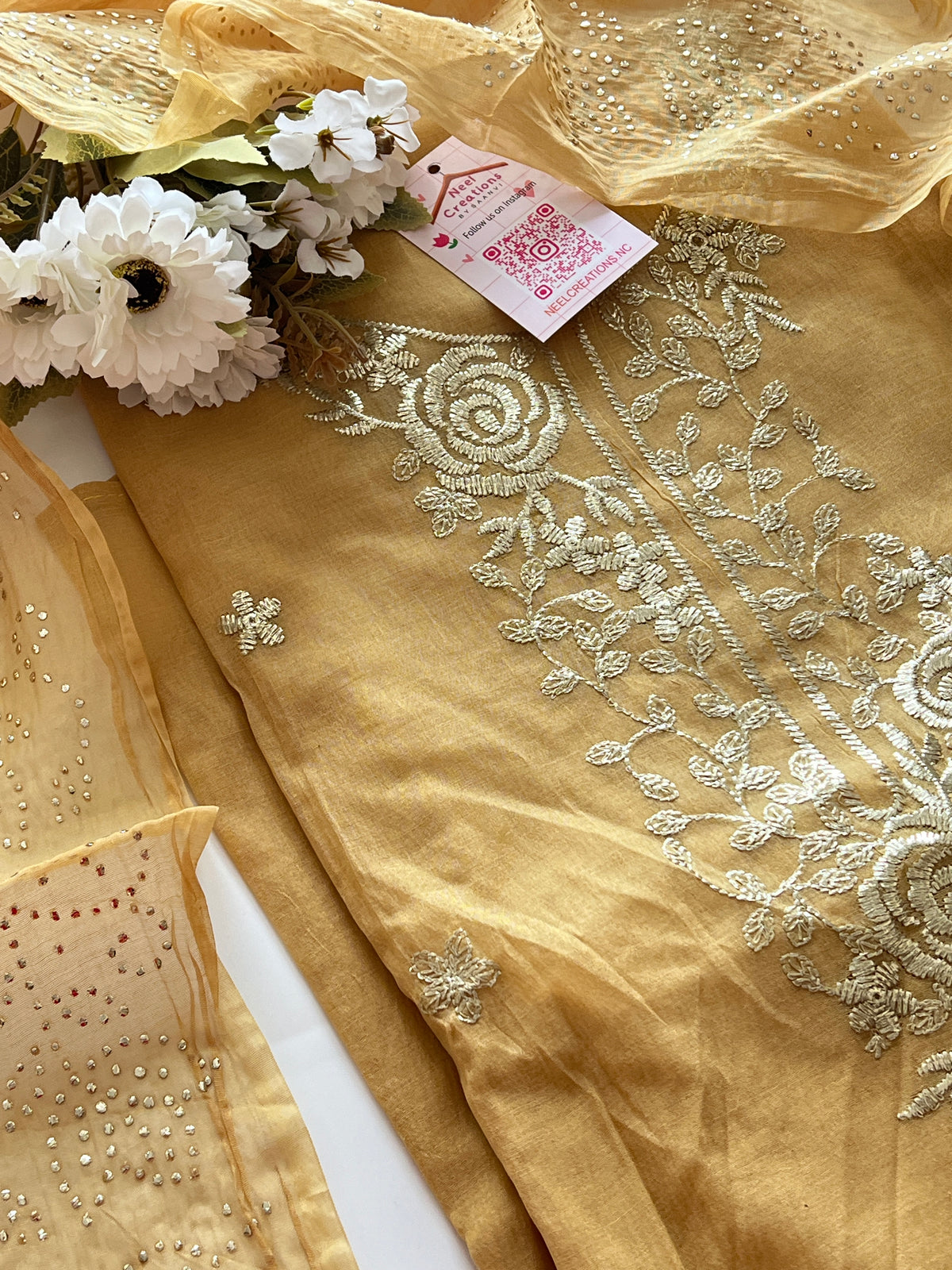 Pastel Yellow Mul Chanderi dress material with pitta and mukaish work dupatta