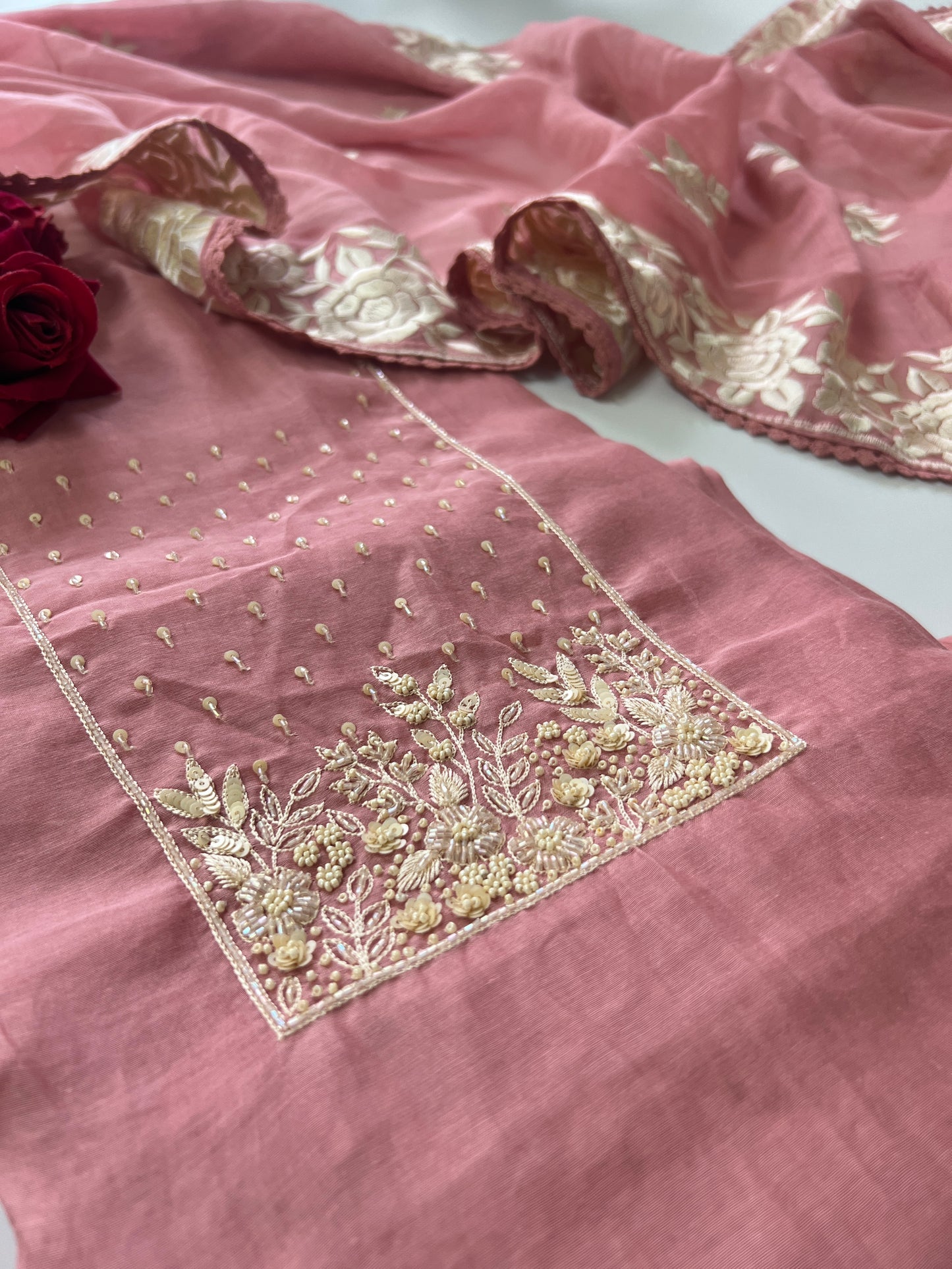 Mul Chanderi Handwork with Parsi dupatta Unstitched Suit set
