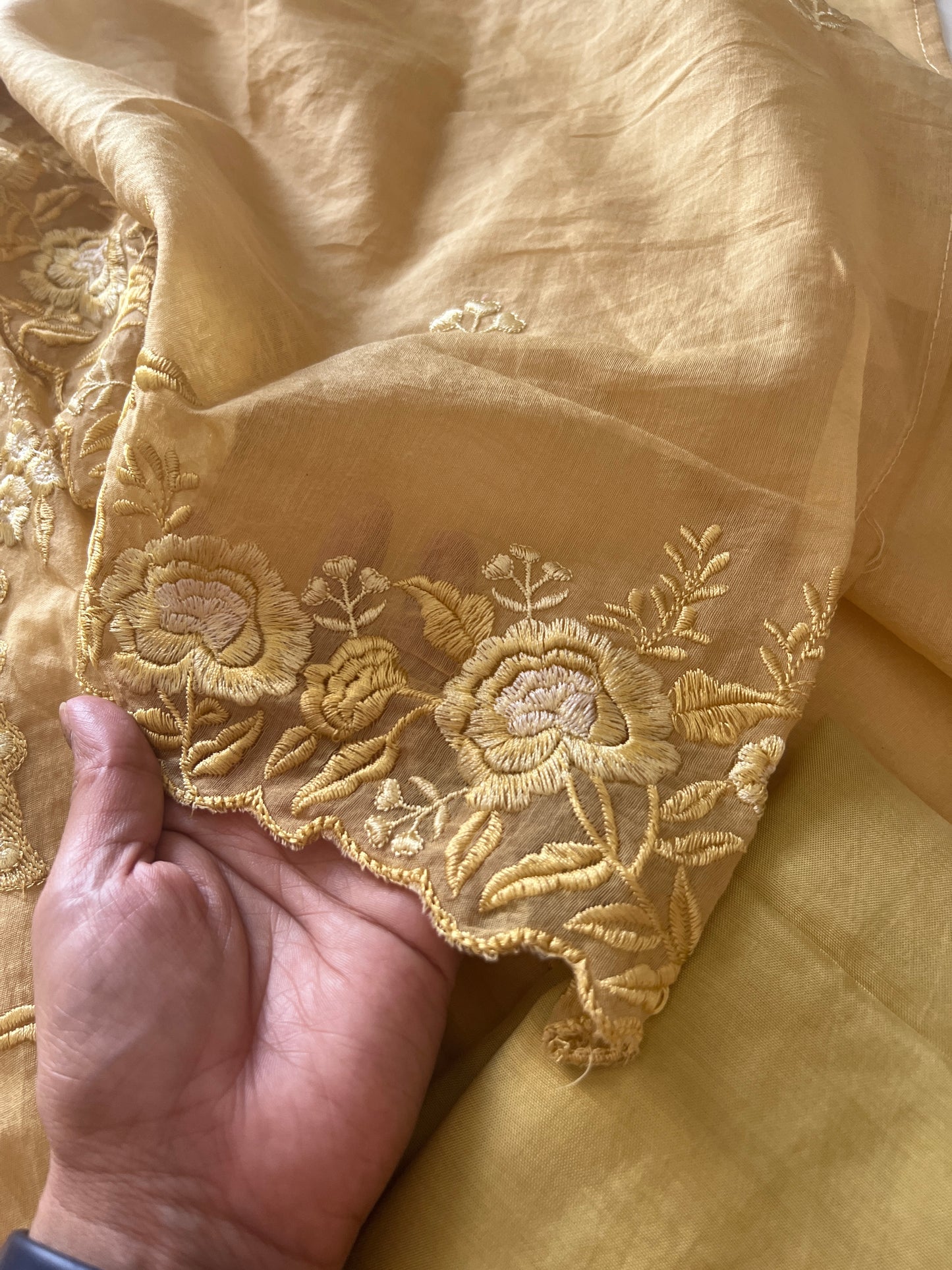 Yellow Mul Chanderi Thread embroidered Unstitched Suit