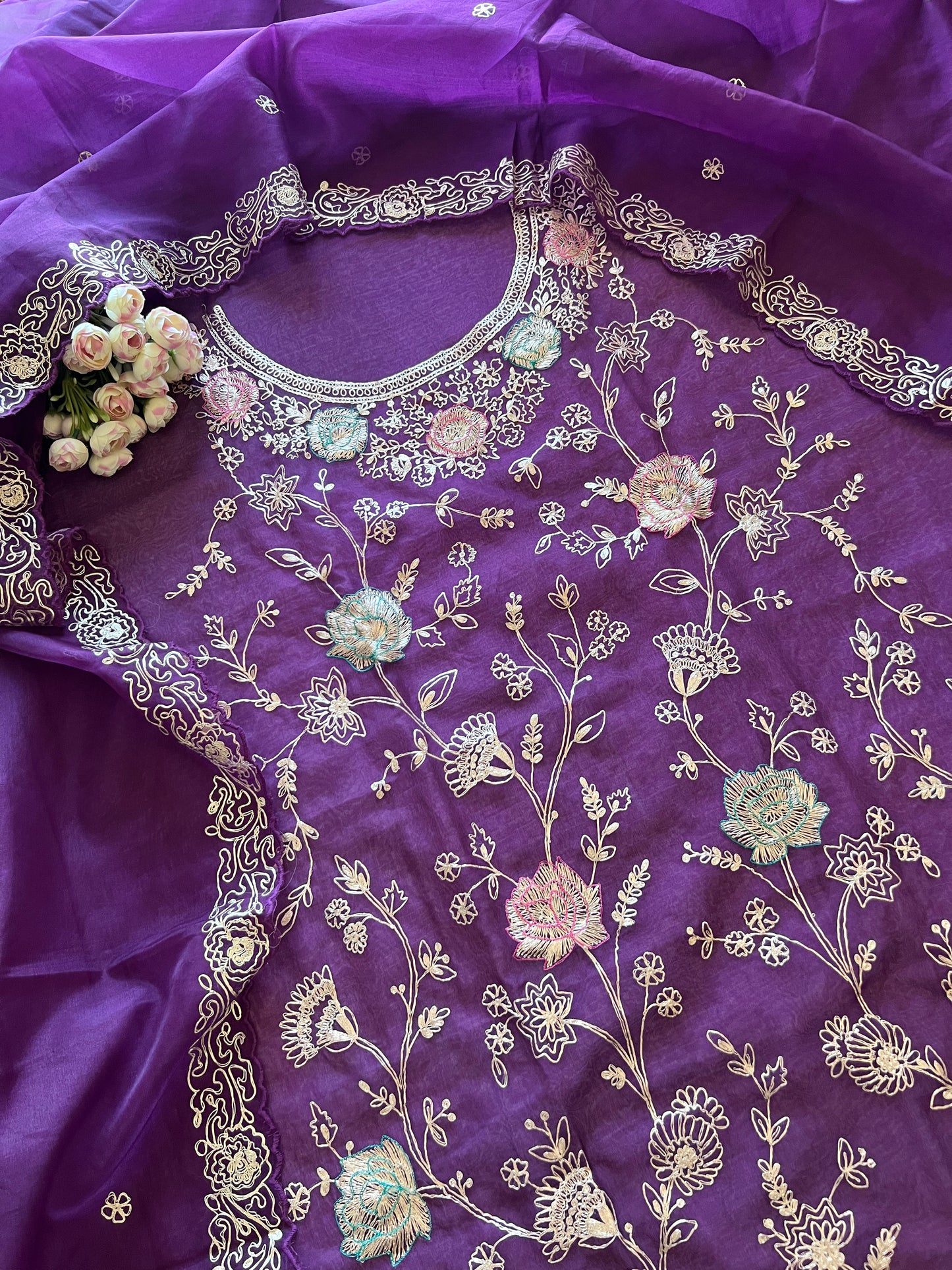 Pure Silk Organza Full embroidered premium unstitched suit in Purple
