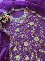 Pure Silk Organza Full embroidered premium unstitched suit in Purple