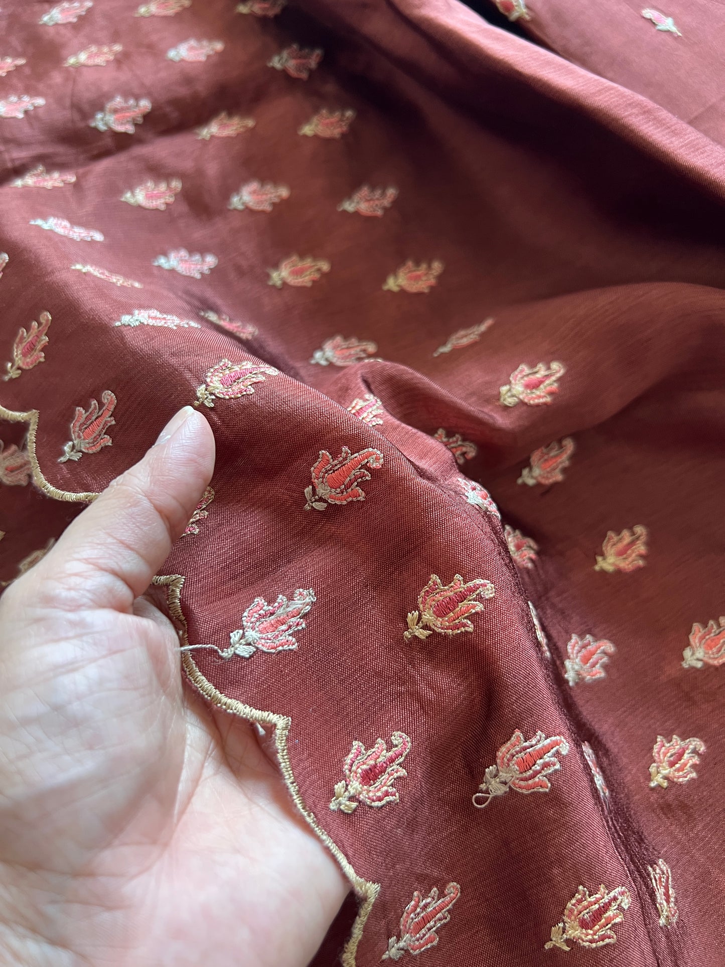 Brown Raw Mango handloom embroidered unstitched suit.