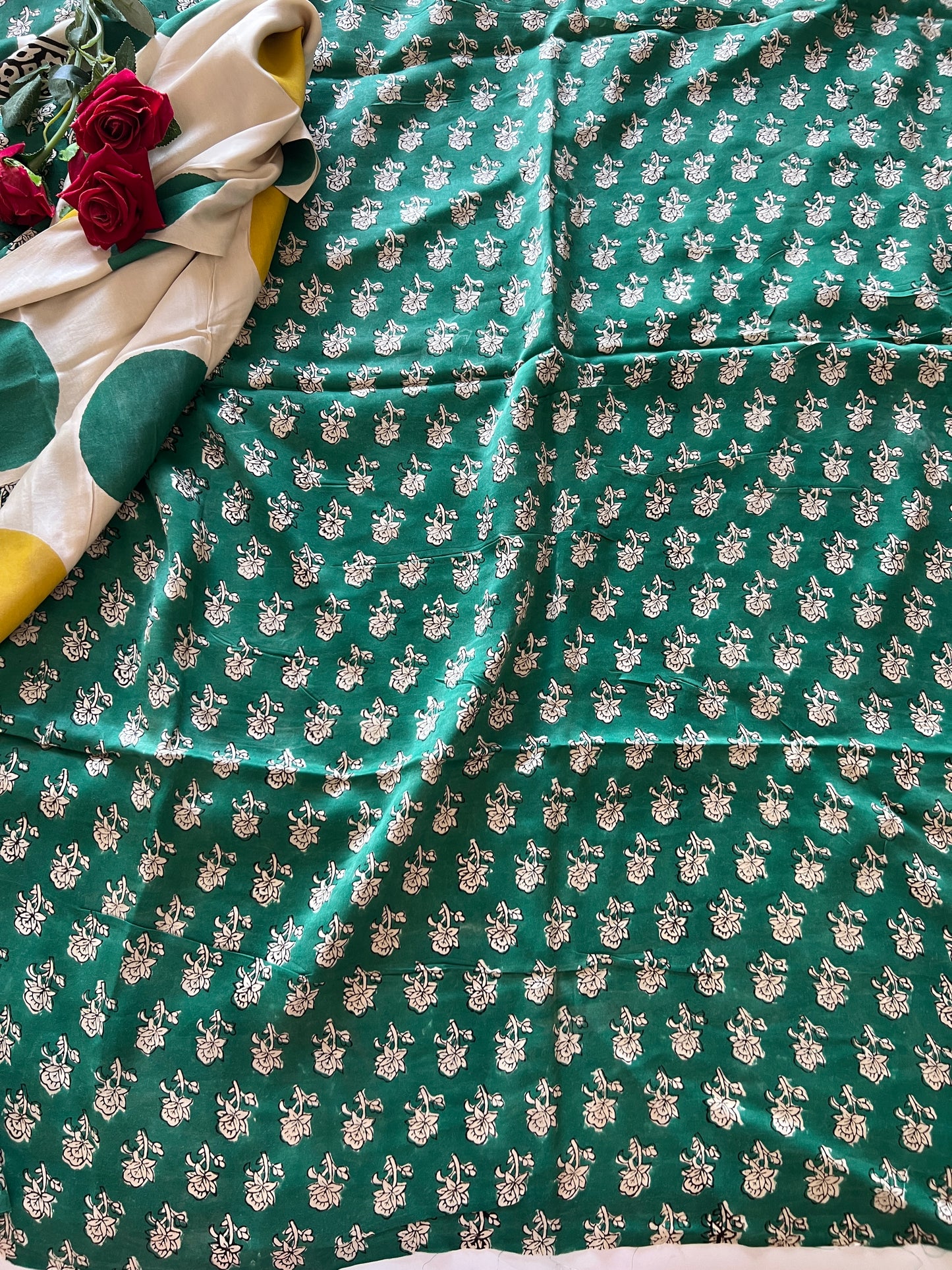 Green Original Handblock Ajrakh print on Modal fabric Unstitched suit set