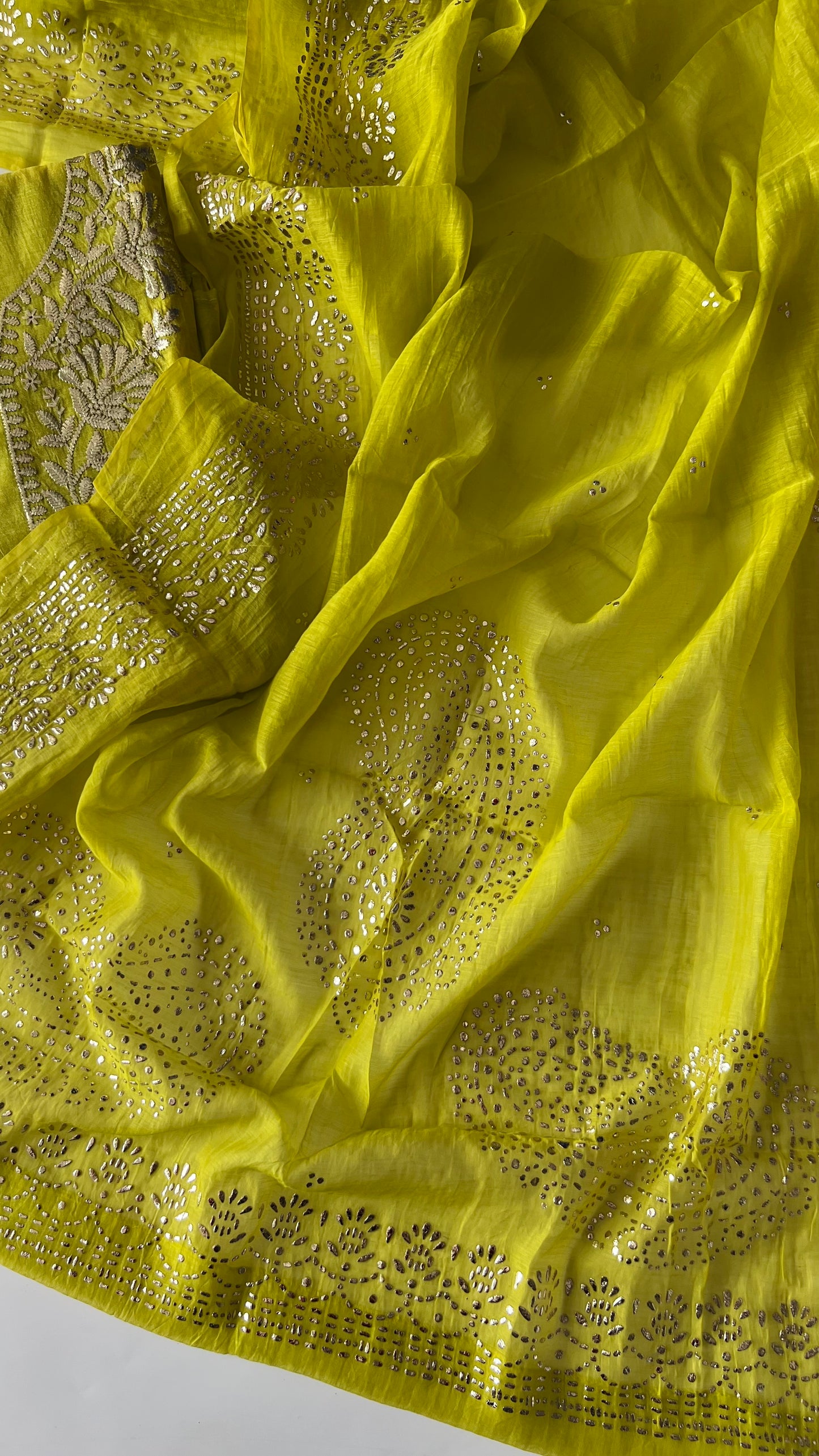 Green Mul Chanderi dress material with pitta and mukaish work