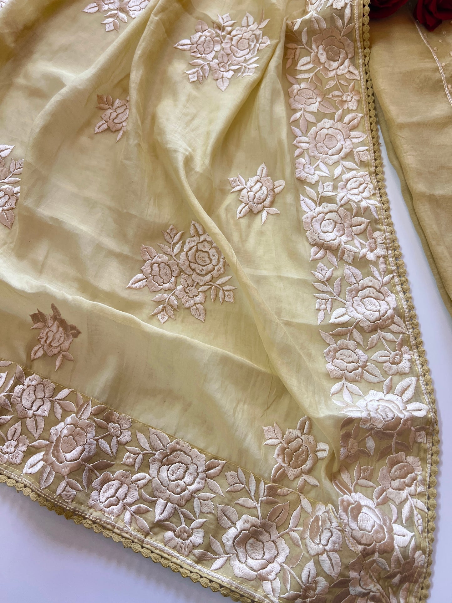 Mul Chanderi Handwork with Parsi dupatta Unstitched Suit set - Pastel yellow