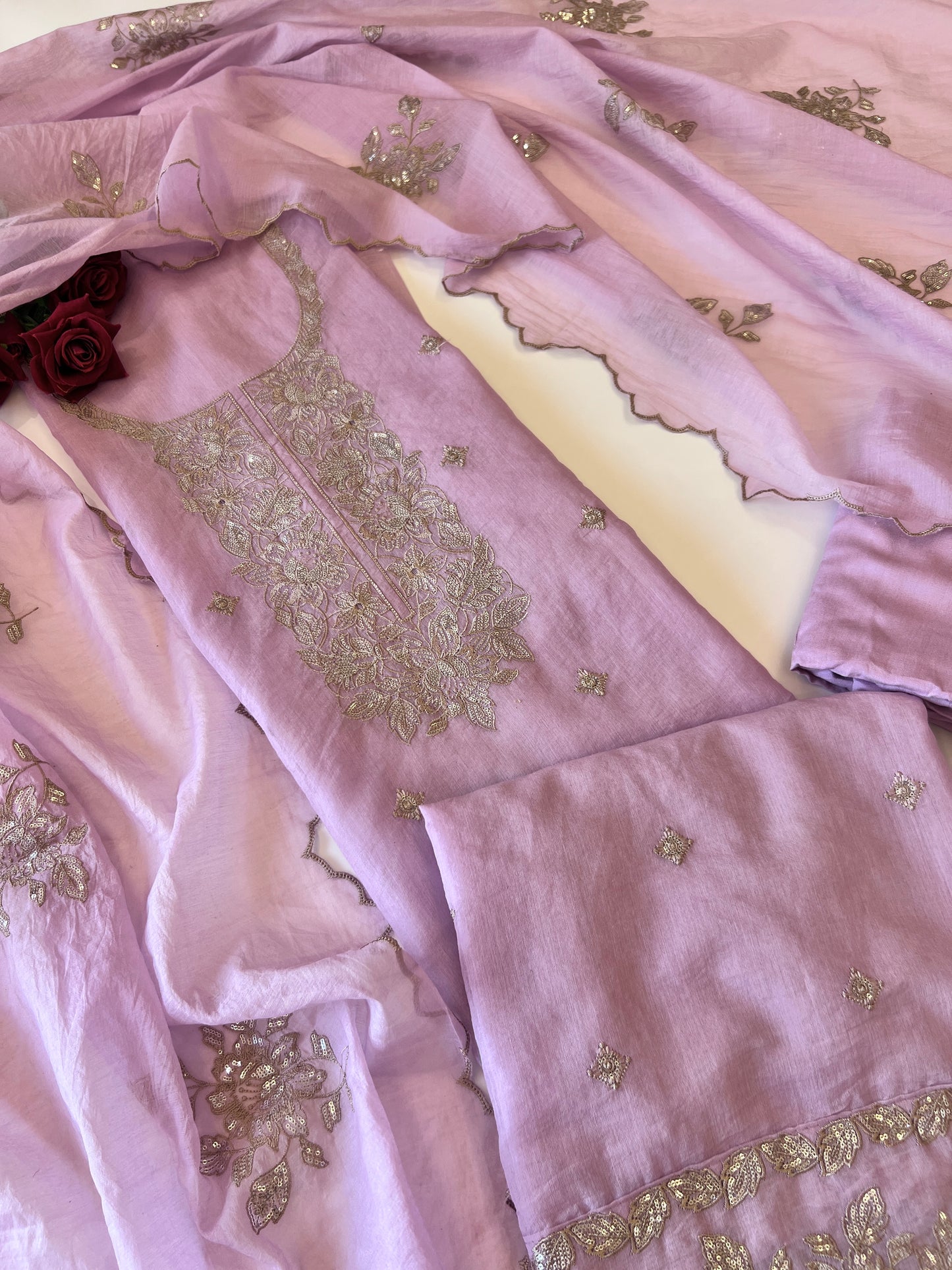 Pastel Purple Mul Chanderi Sequin embroidered Unstitched Suit