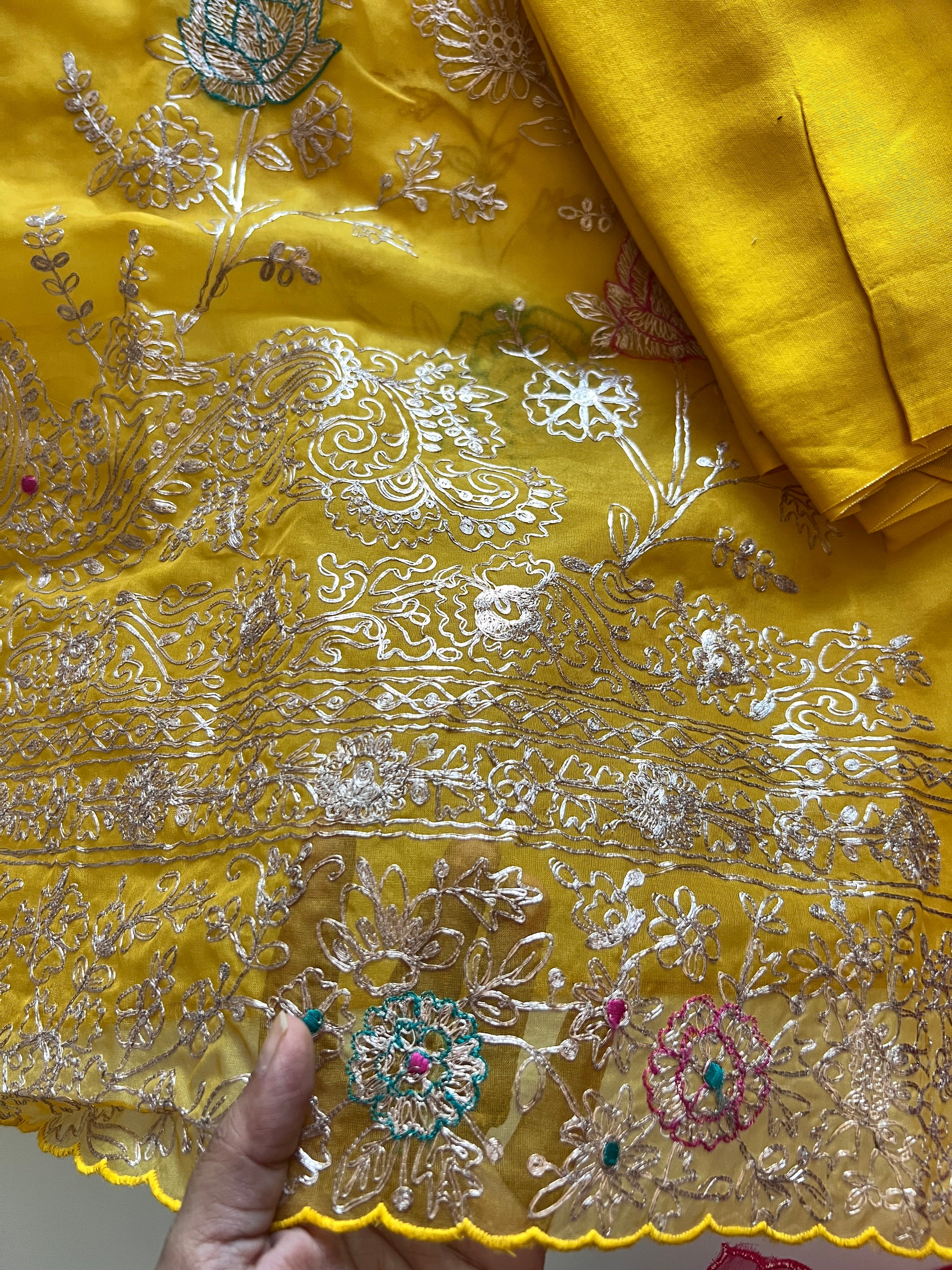 Pure Silk Organza Full embroidered premium unstitched suit in yellow