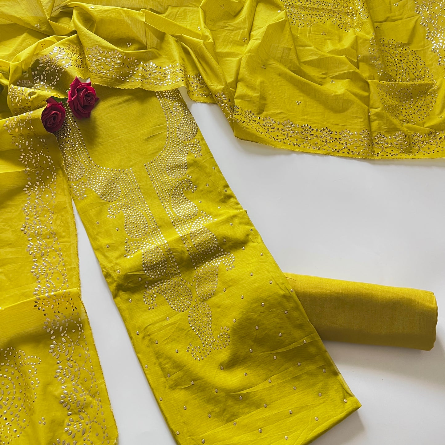 Yellow Mul Chanderi dress material with mukaish -Paisley