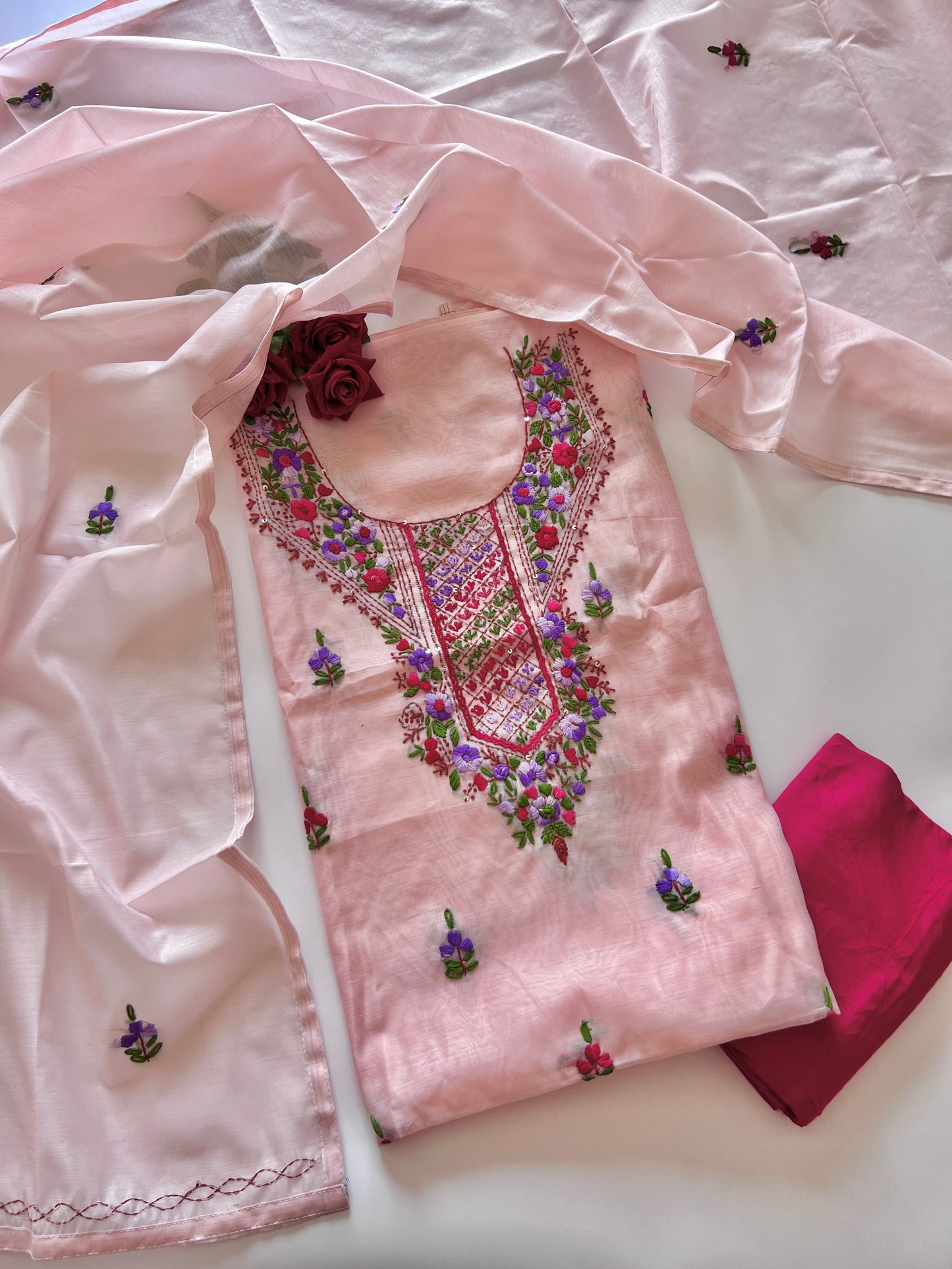 Very light pink knot embroidery Unstitched suit material