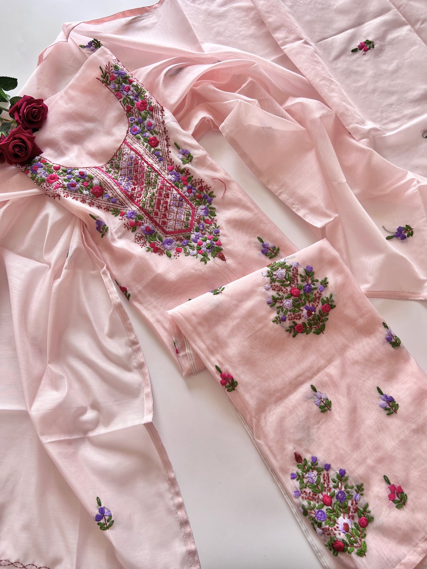 Very light pink knot embroidery Unstitched suit material