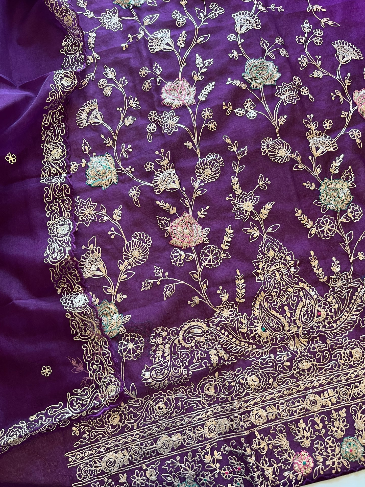 Pure Silk Organza Full embroidered premium unstitched suit in Purple