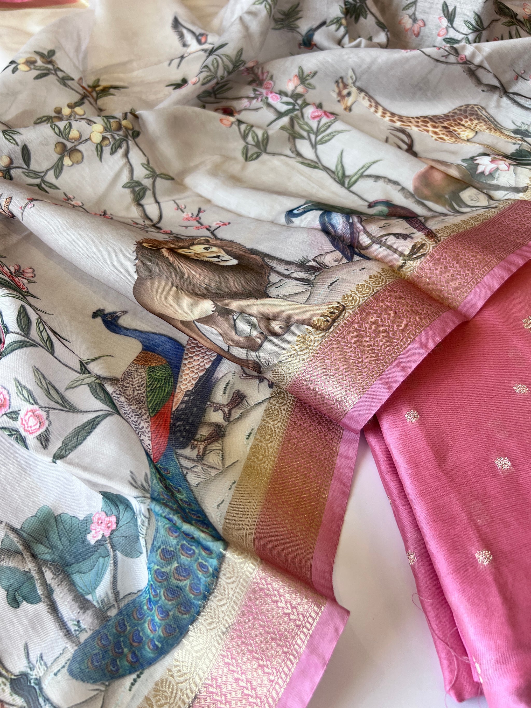 Shikargah printed Dupatta with Chanderi kurta Unstitched suit material