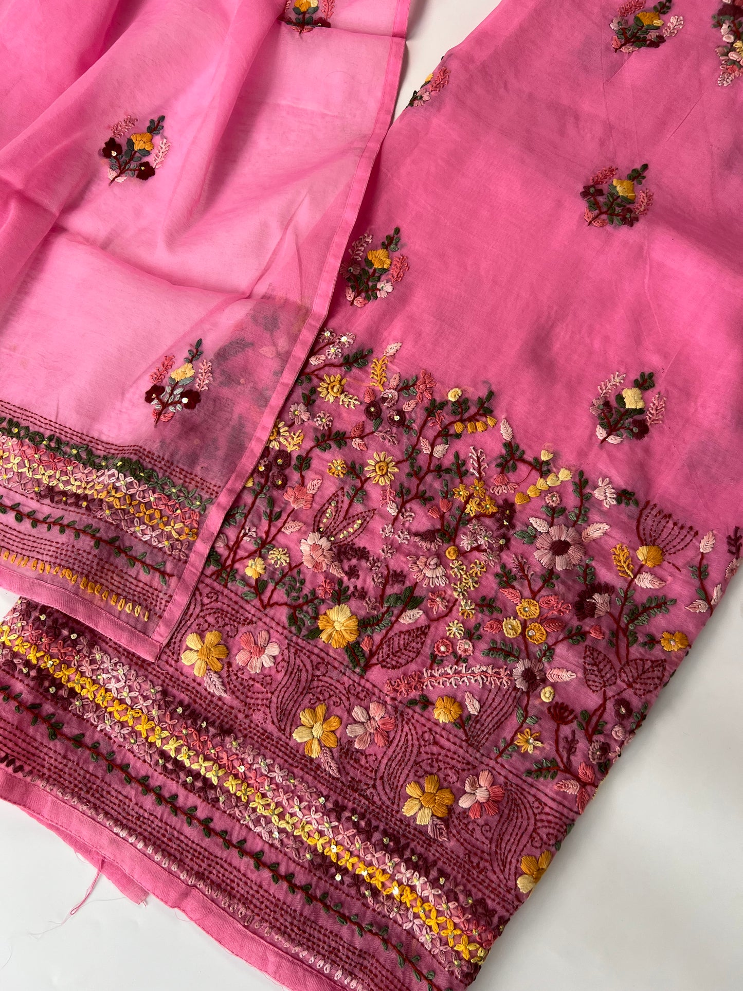Pink Chanderi knot embroidery Unstitched suit material