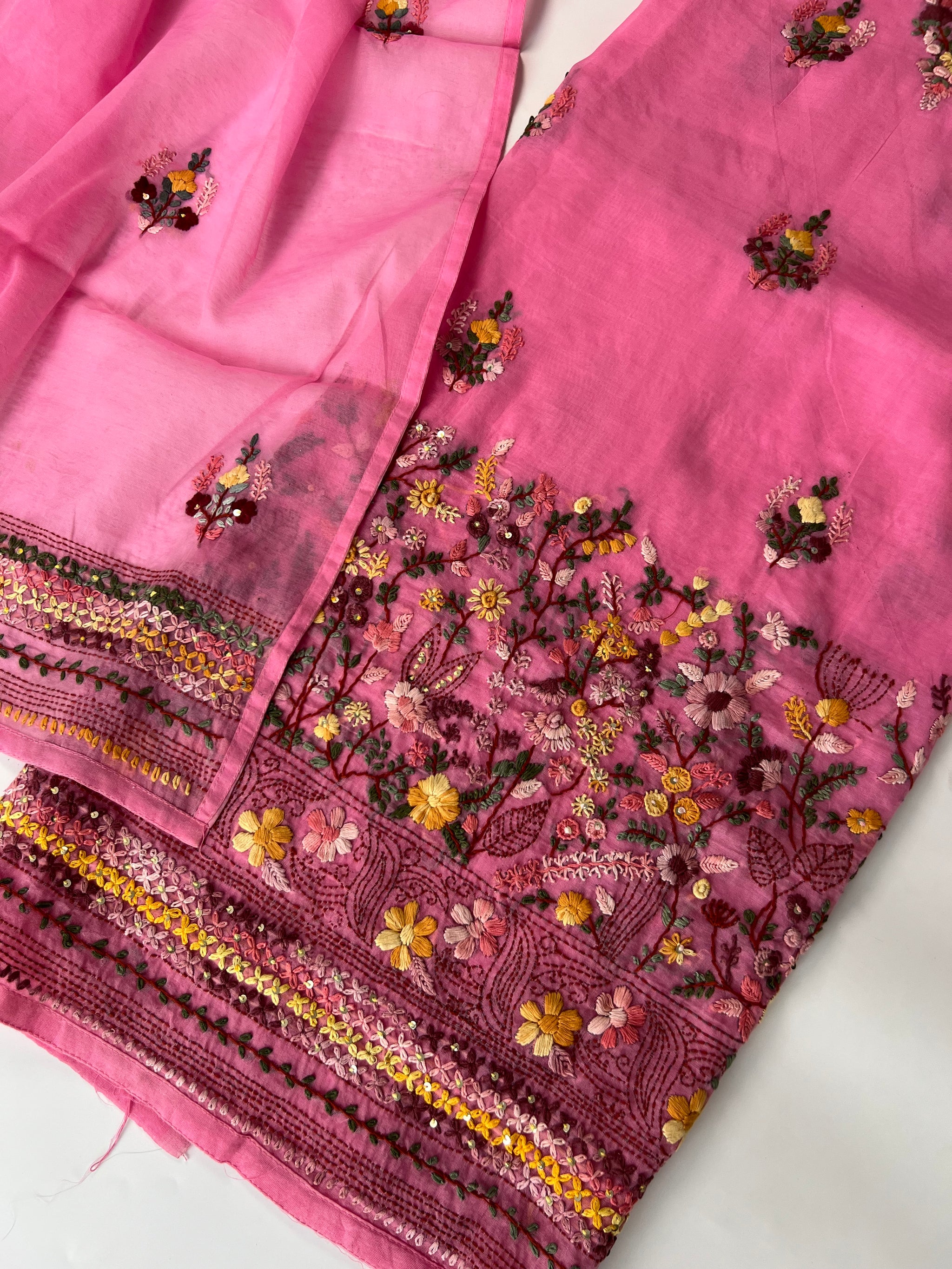 Pink Chanderi knot embroidery Unstitched suit material