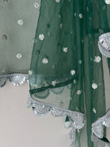 Green Net dupatta with scallop Silver border