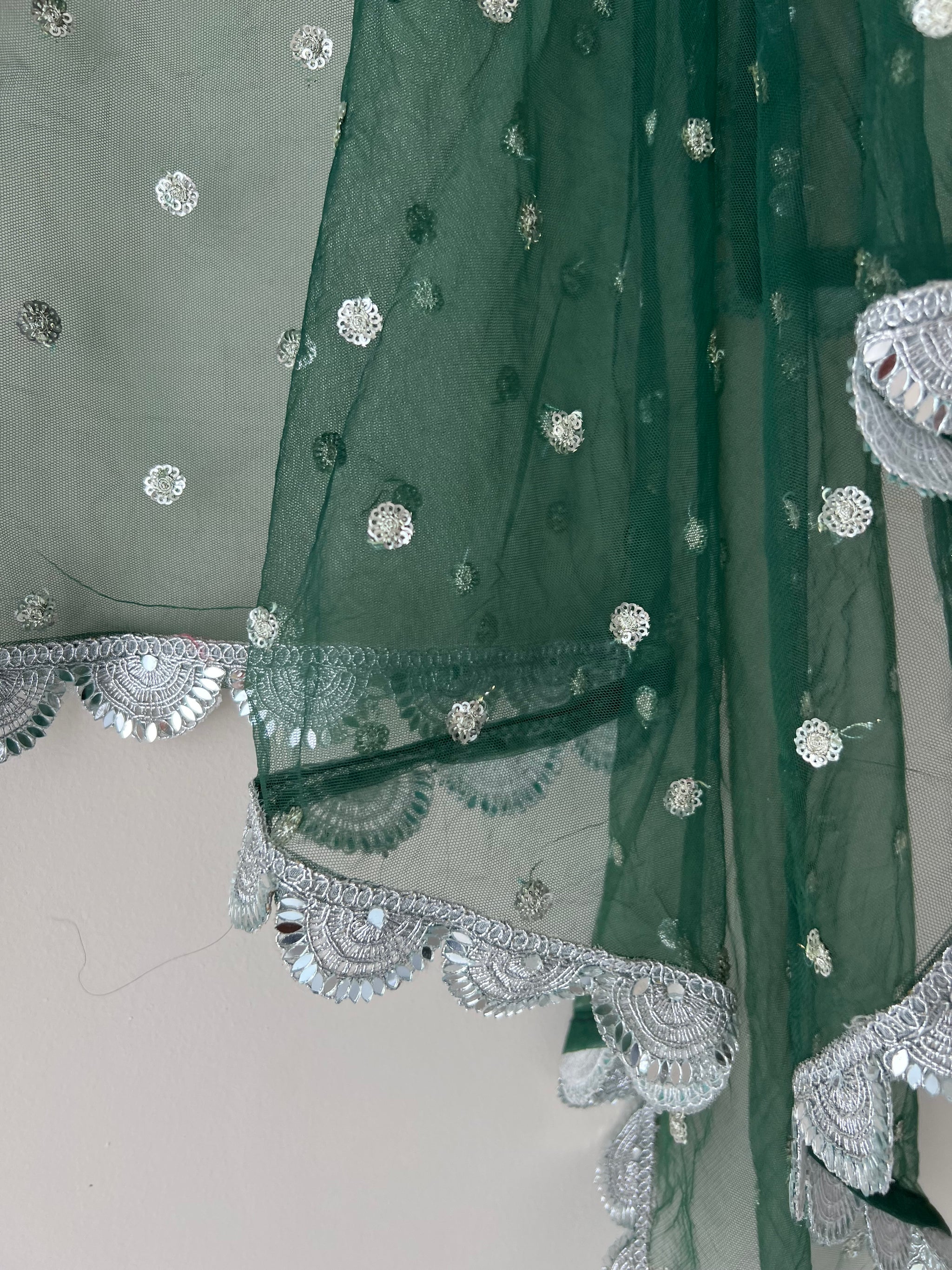 Green Net dupatta with scallop Silver border