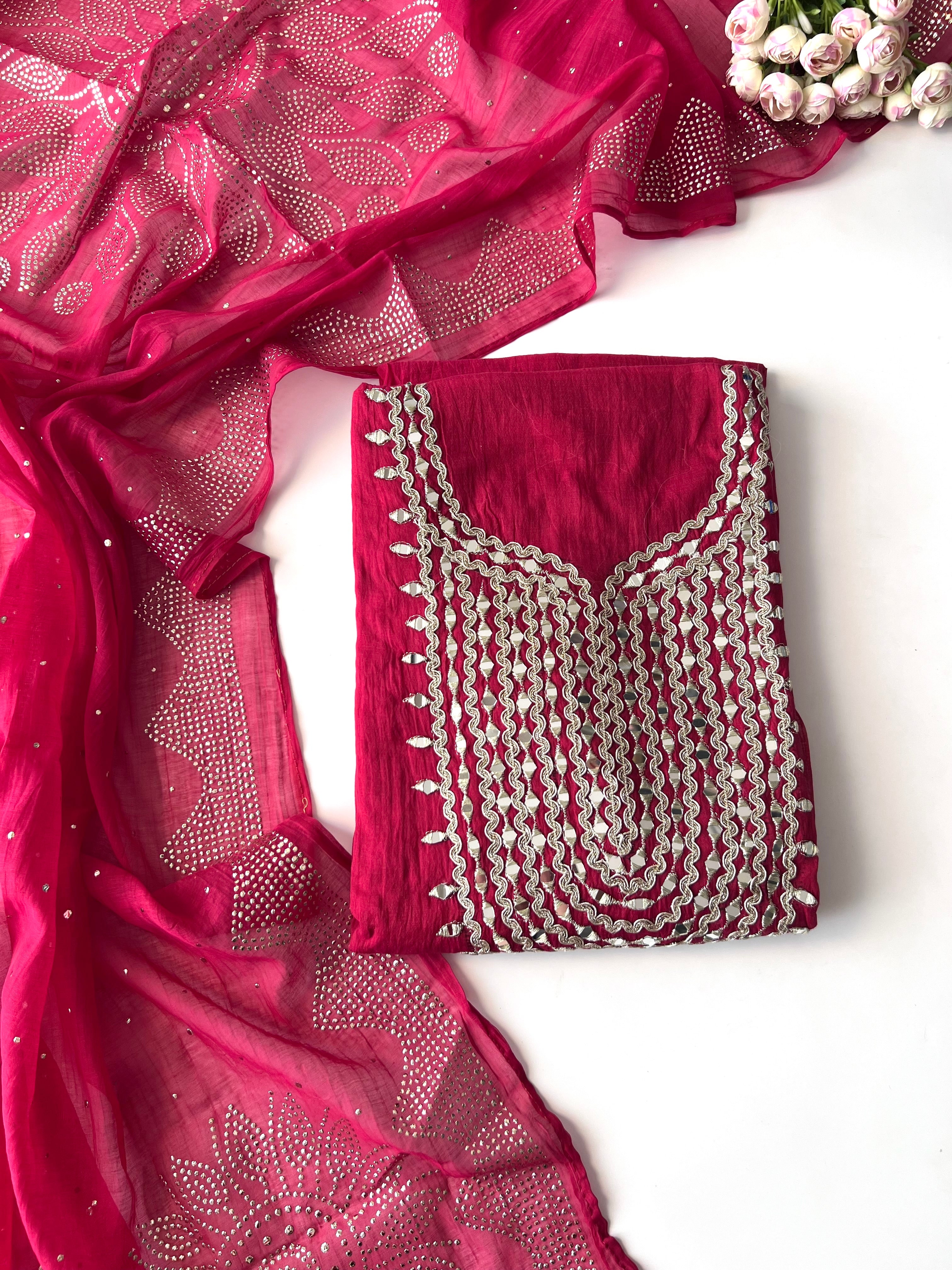 Hot pink Mirror work on Mul Chanderi dress material with mukaish work dupatta