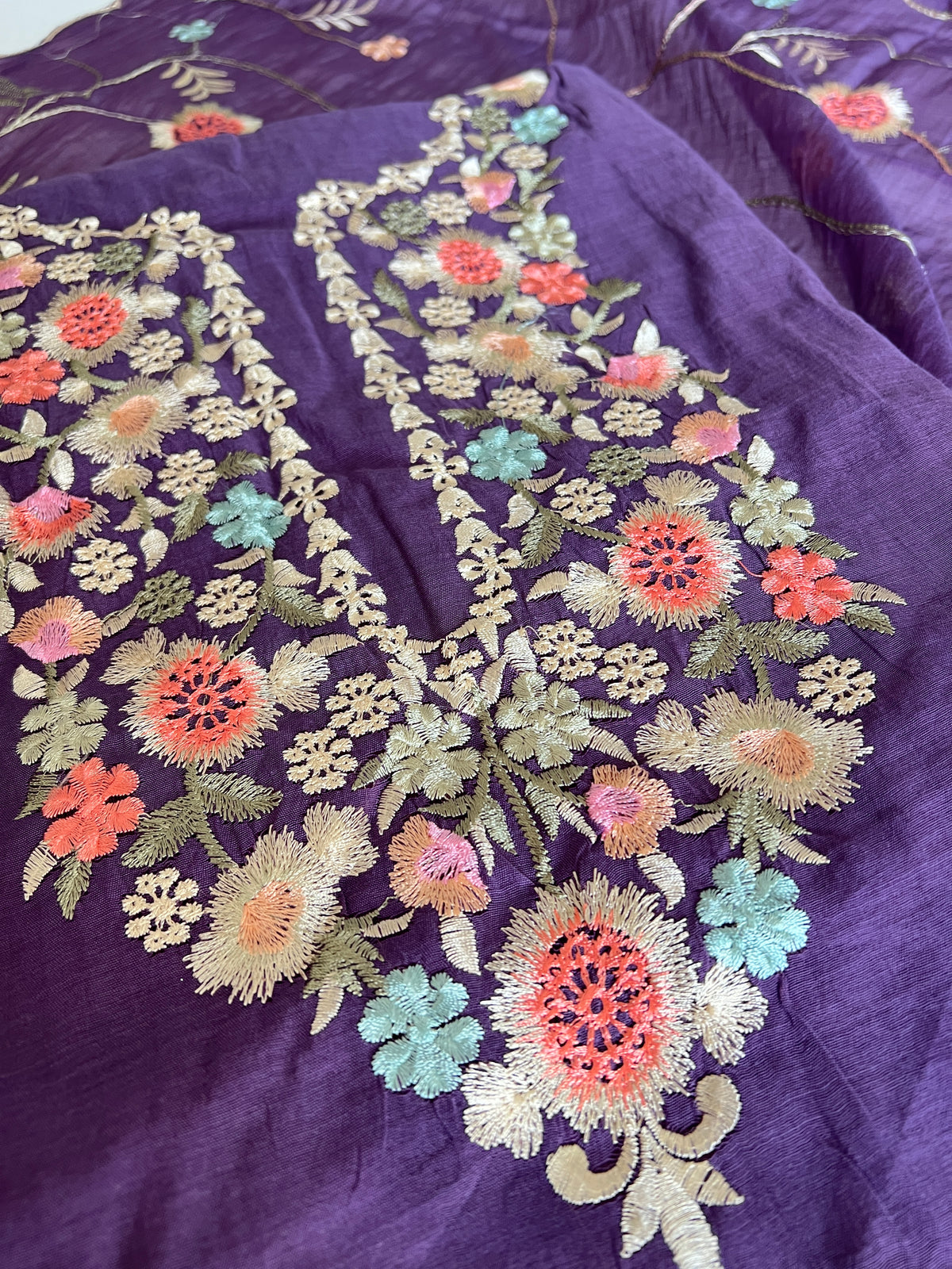 Purple Mul chanderi full embroidery dupatta thread work unstitched suit