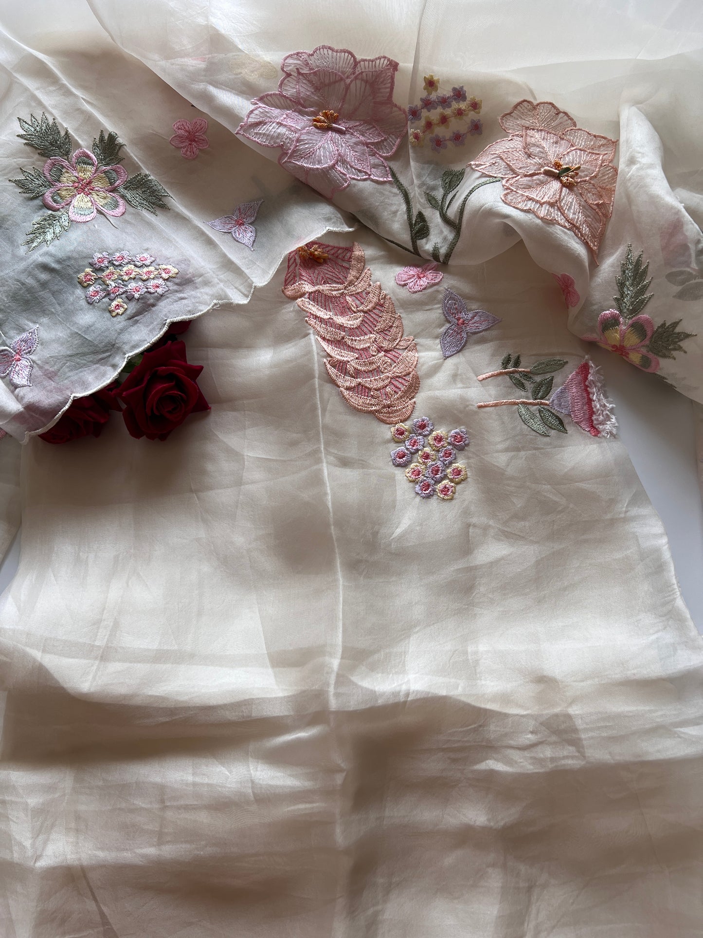 Off White 3D Embroidery on Organza premium unstitched dress material with floral work