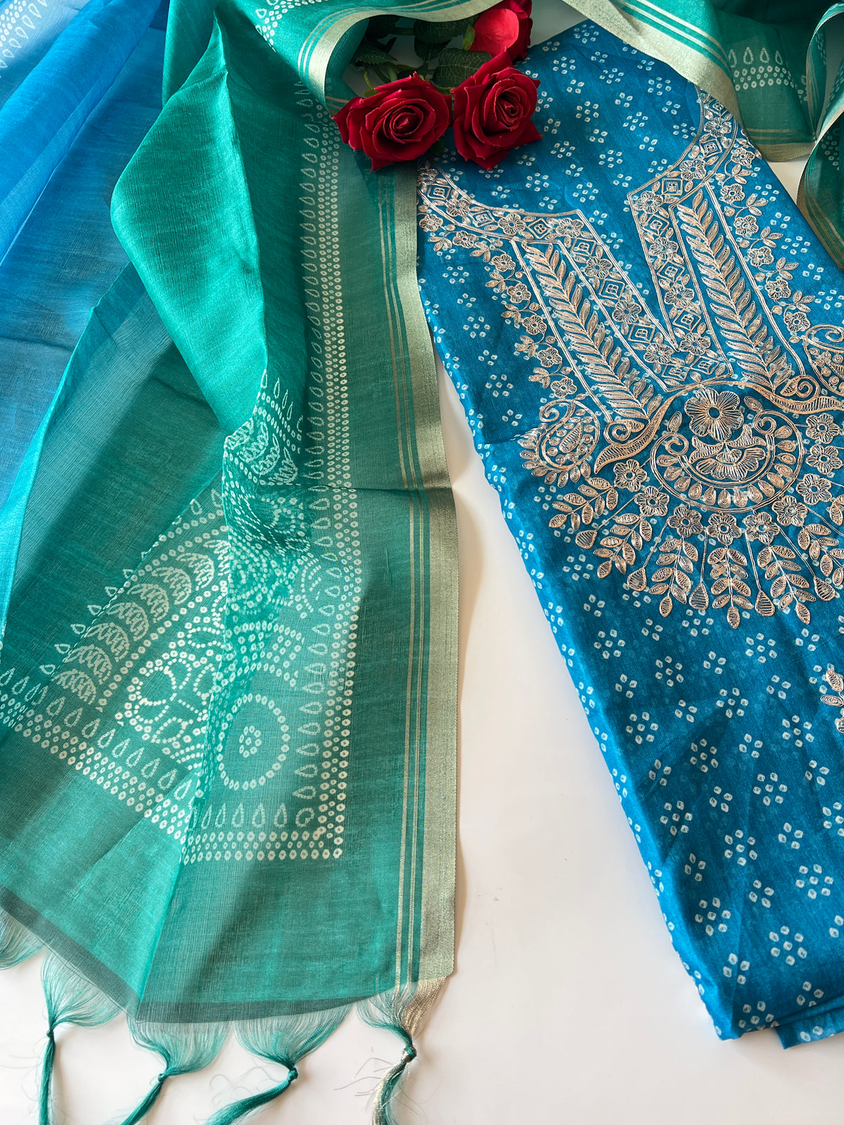 Blue soft Organza crepe with Pitta work and bandej
