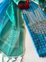 Blue soft Organza crepe with Pitta work and bandej