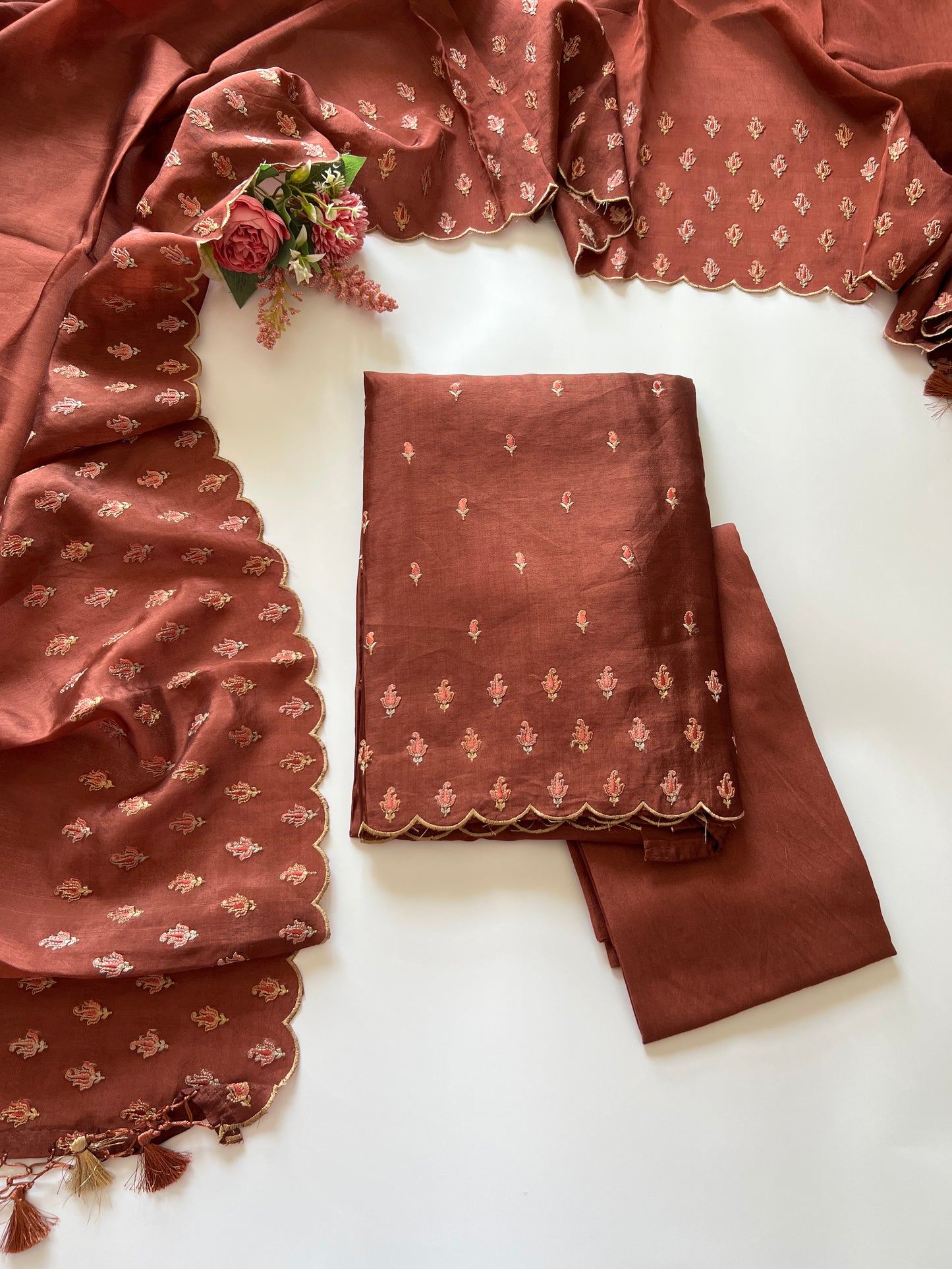 Brown Raw Mango handloom embroidered unstitched suit.