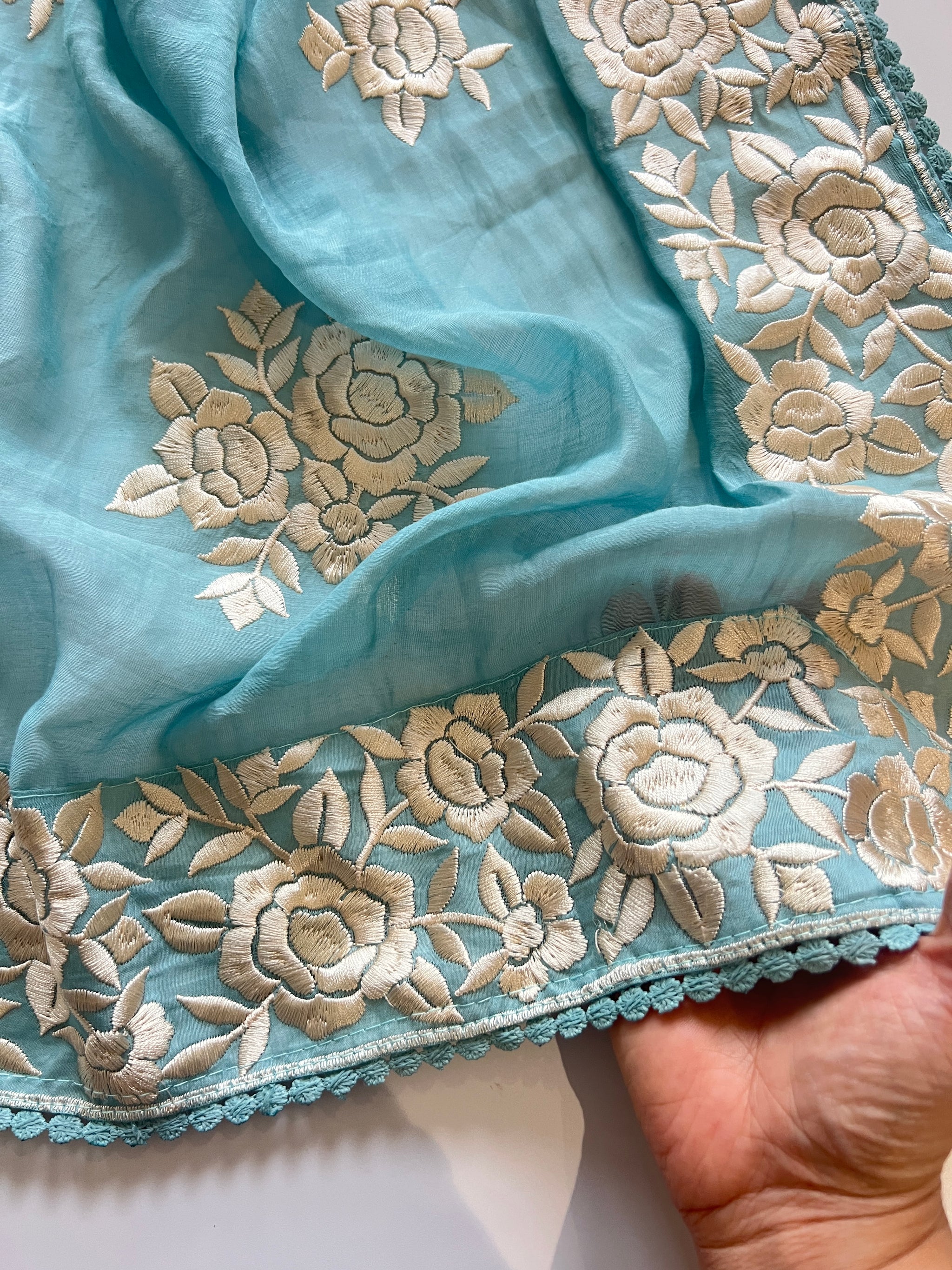 Blue Mul Chanderi Handwork with Parsi dupatta Unstitched Suit set