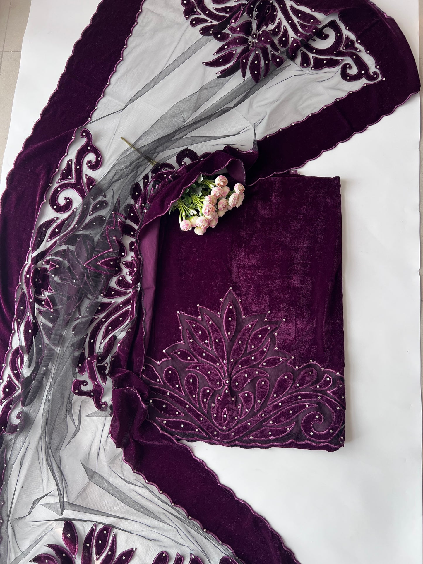 Wine color Velvet cut work designer party wear unstitched suit set