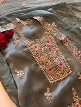 Tissue partywear embroidered suit set unstitched