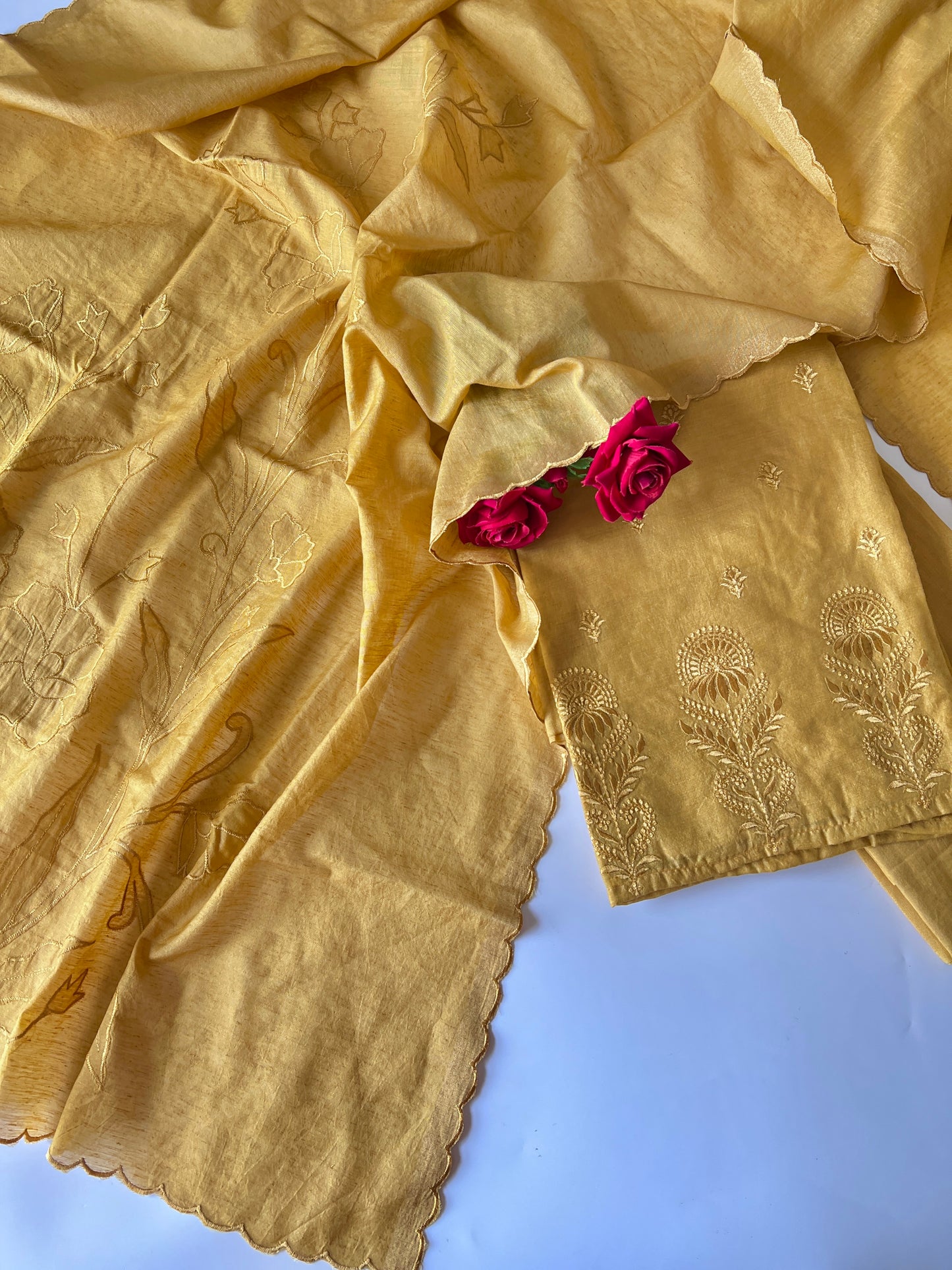 Yellow Pure Chanderi patchwork Embroidery scallop unstitched suit