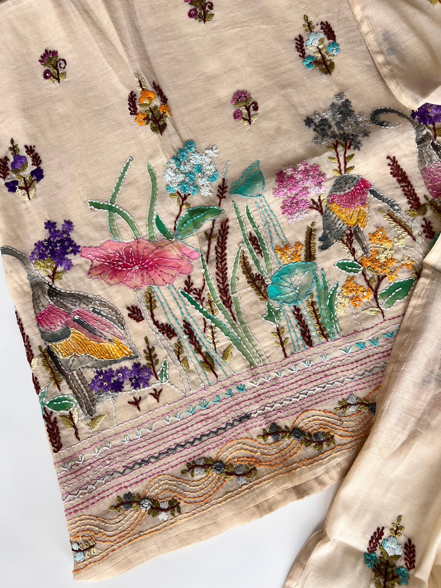 Cream bullion knot embroidery and paint Unstitched suit material