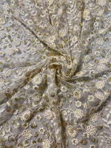 Dyeable net sequin flower embroidered fabric for lehengas, kurtas.