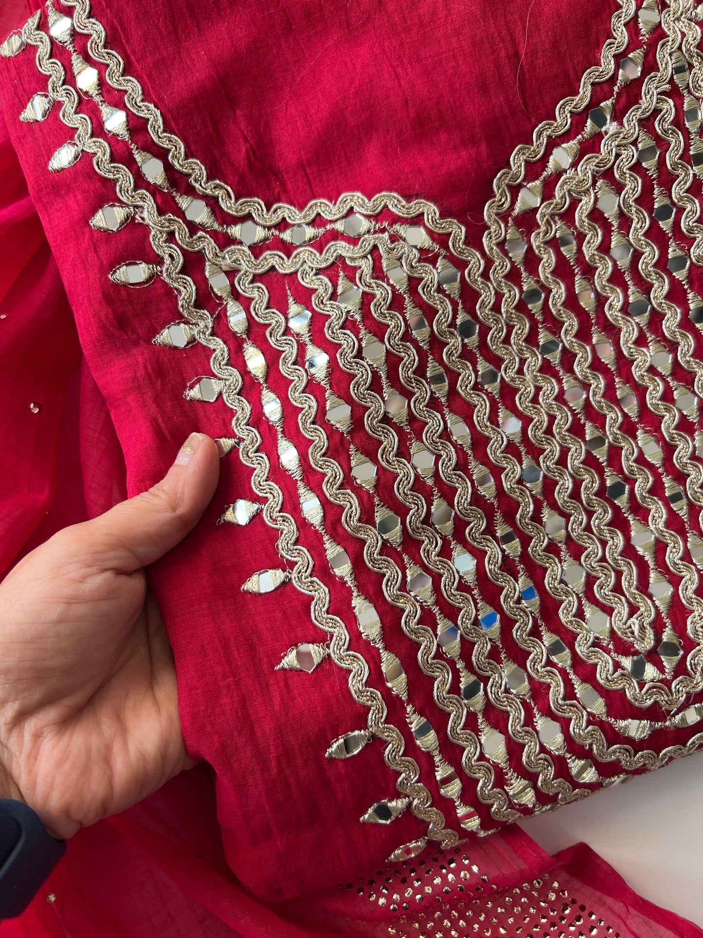 Hot pink Mirror work on Mul Chanderi dress material with mukaish work dupatta