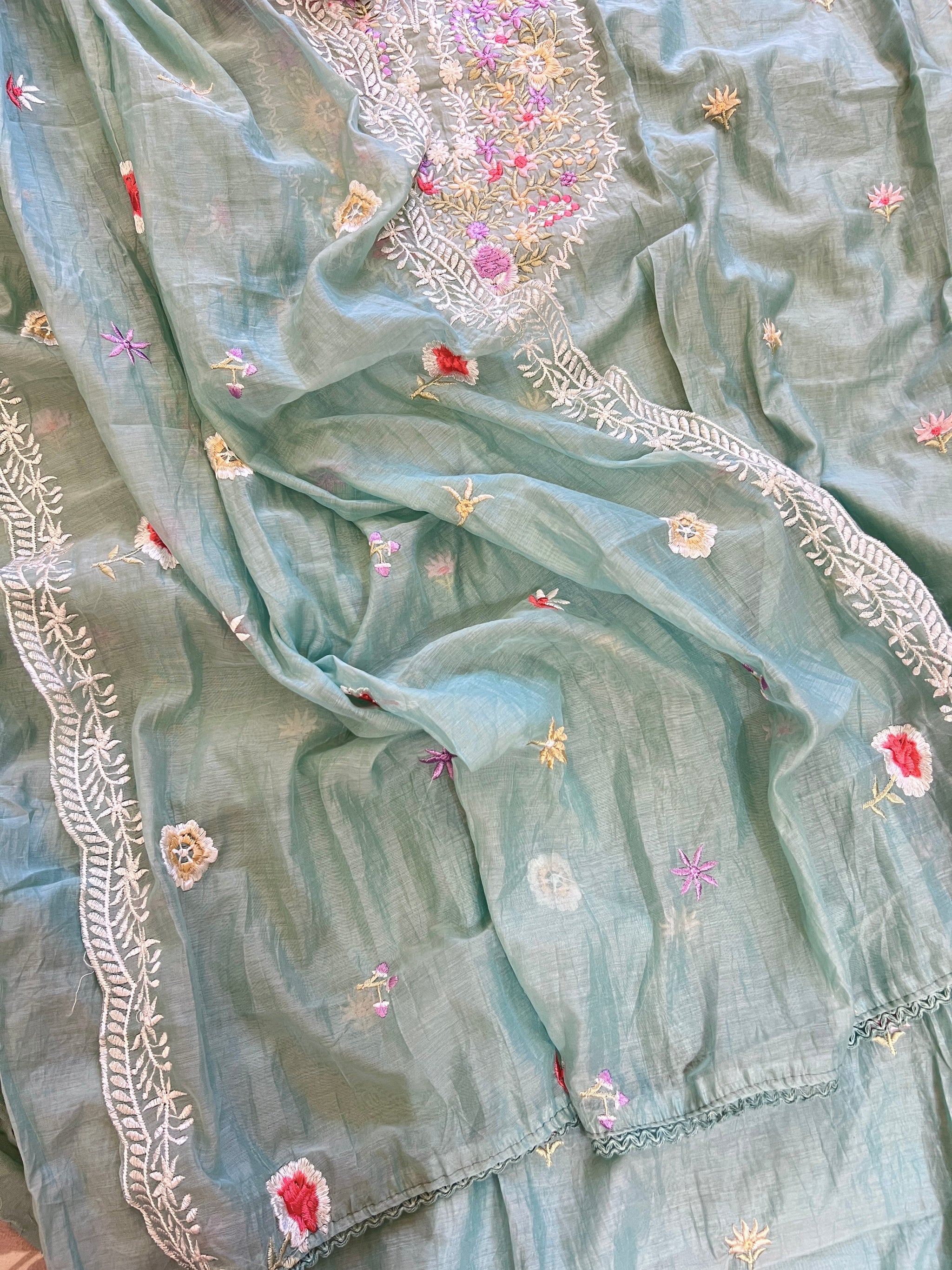 Blue Mul Chanderi Thread embroidered Unstitched Suit