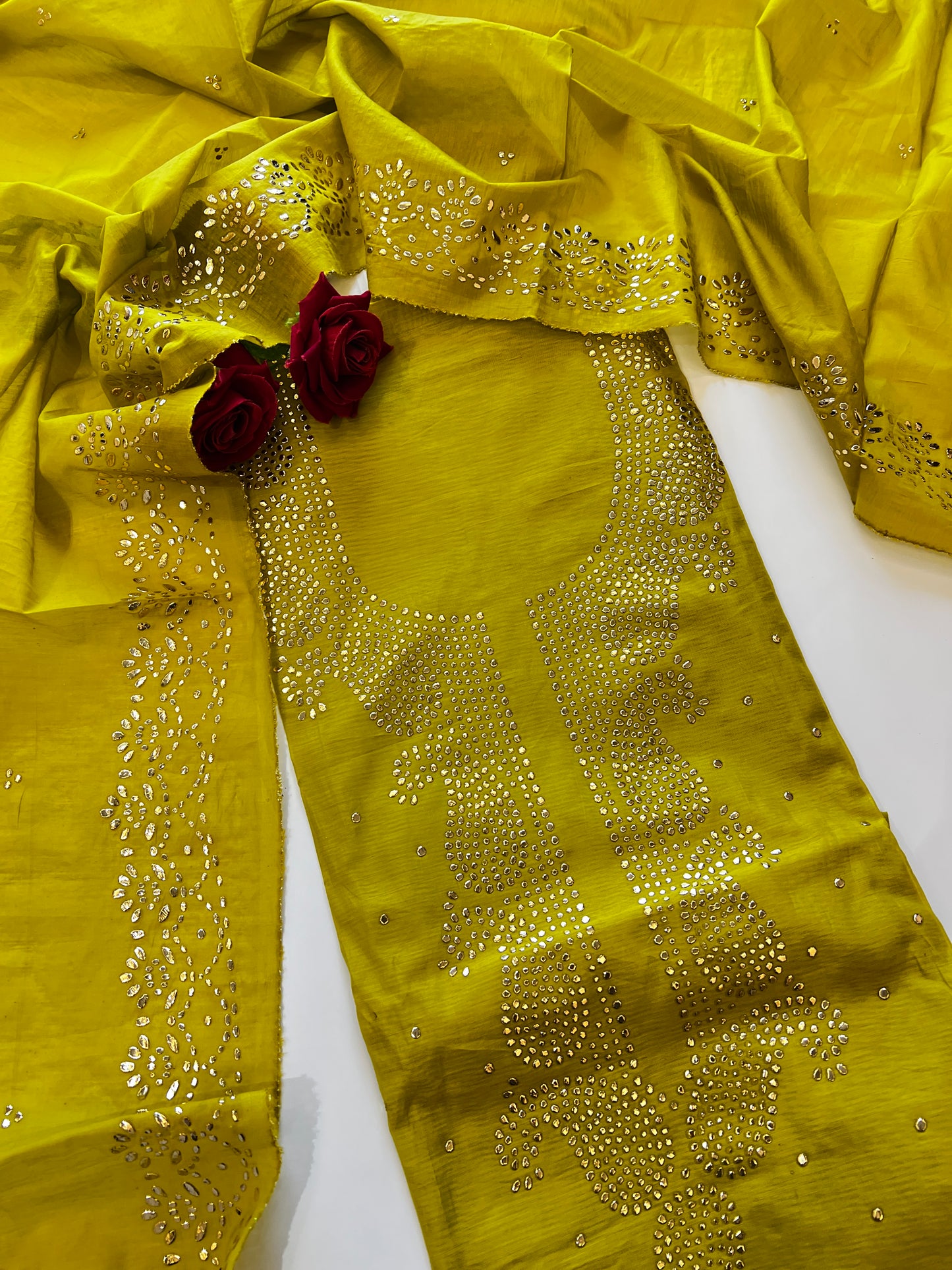 Yellow Mul Chanderi dress material with mukaish -Paisley