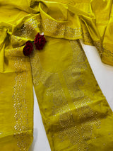 Yellow Mul Chanderi dress material with mukaish -Paisley