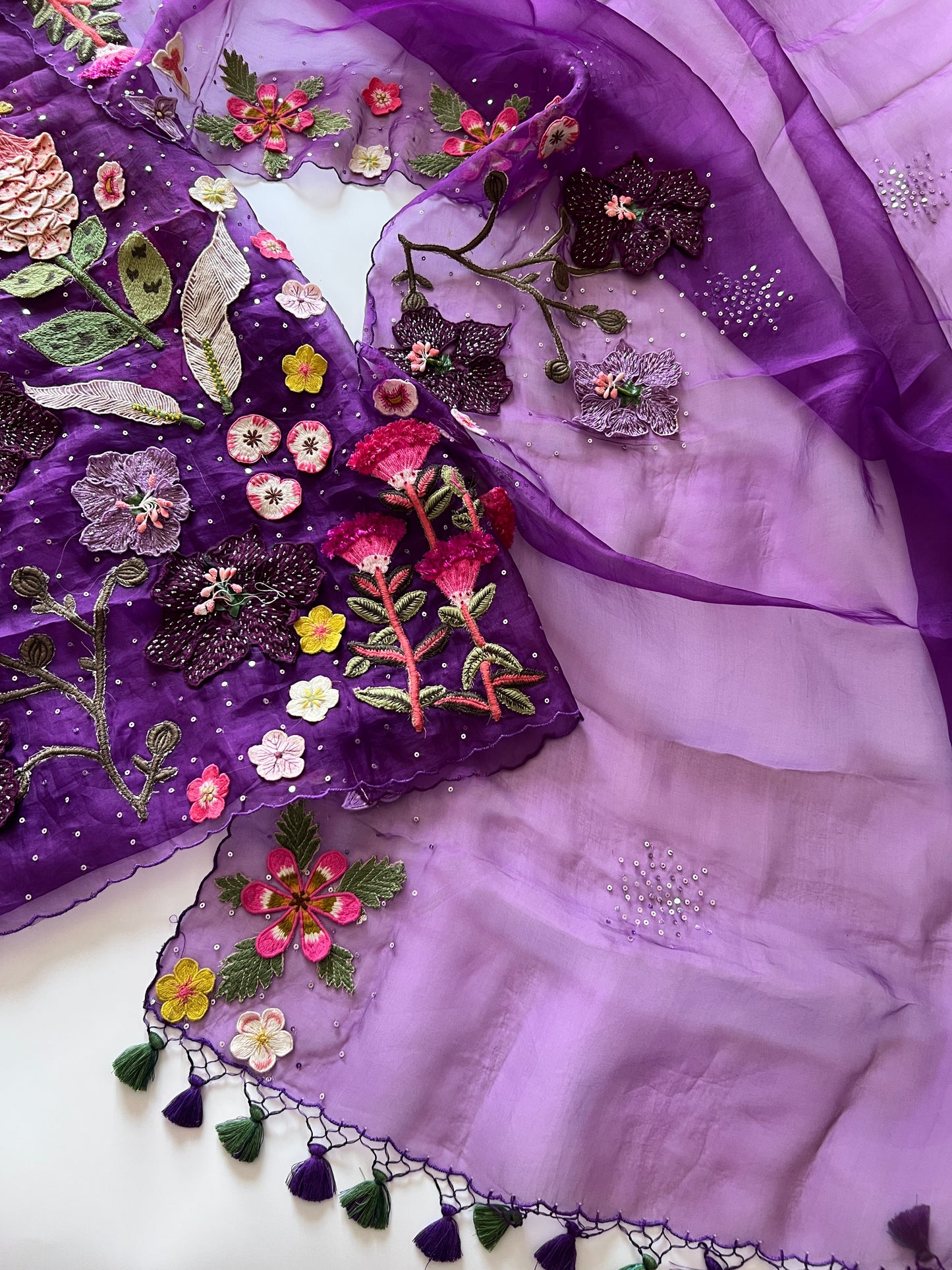 Fairy tale Embroidery on Organza premium unstitched dress material with 3D floral work