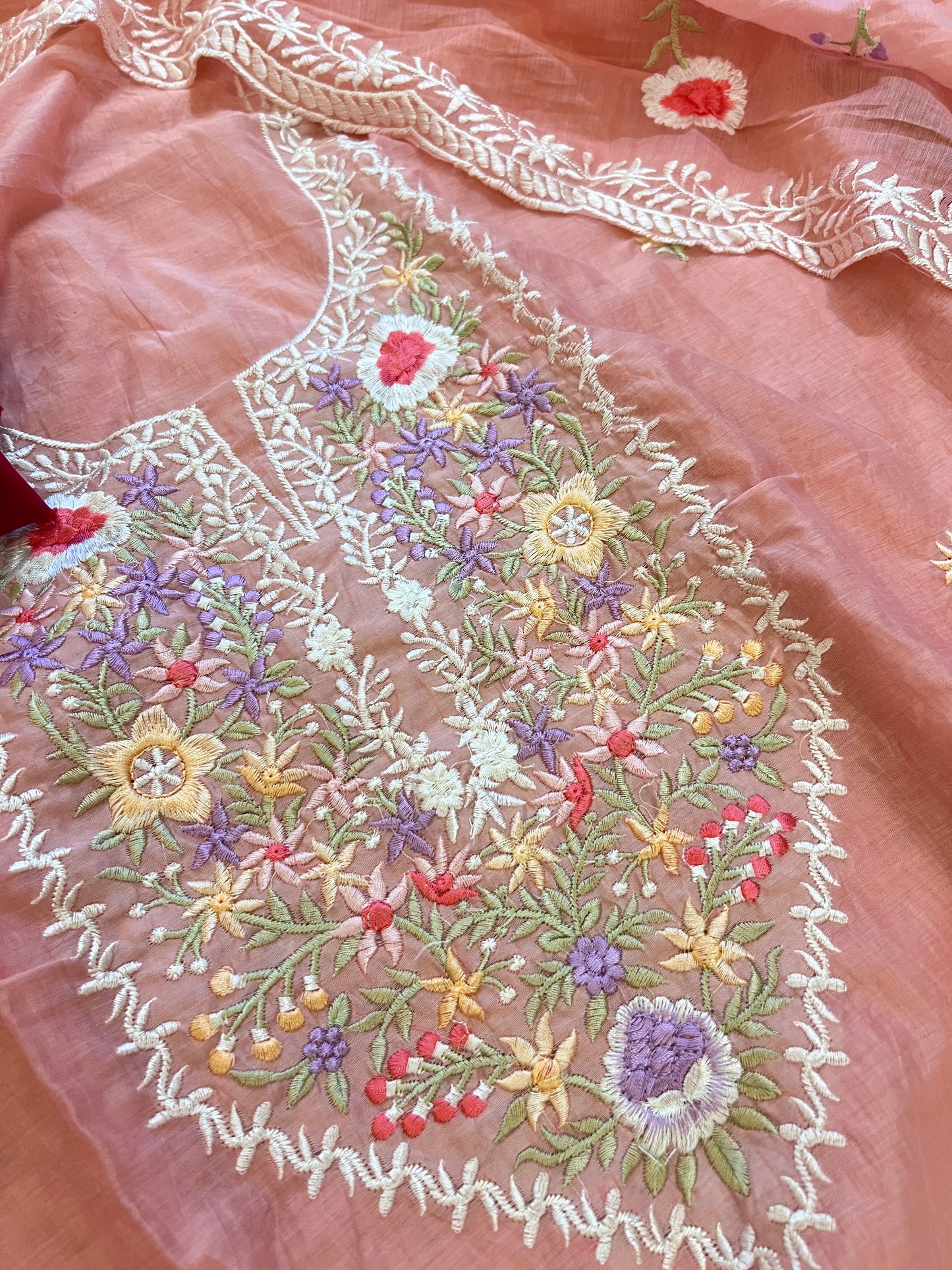 Pink Mul Chanderi Thread embroidered Unstitched Suit