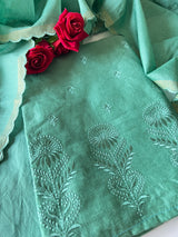 Green Pure Chanderi patchwork Embroidery scallop unstitched suit