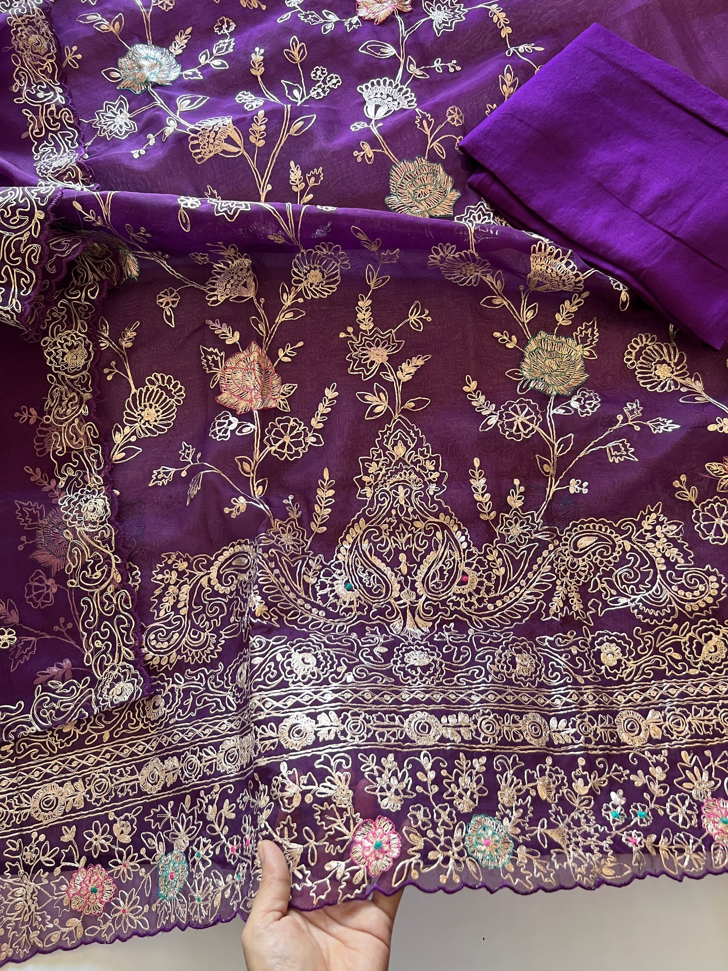 Pure Silk Organza Full embroidered premium unstitched suit in Purple