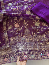 Pure Silk Organza Full embroidered premium unstitched suit in Purple