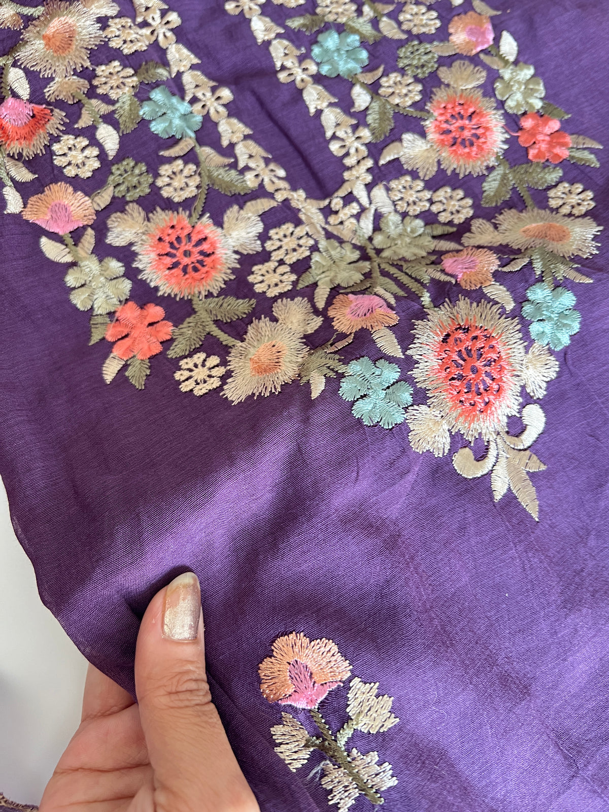 Purple Mul chanderi full embroidery dupatta thread work unstitched suit