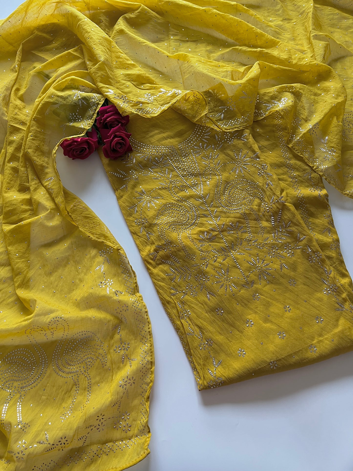 Mul Chanderi dress material with mukaish -Flamingo