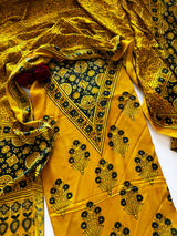 Yellow Original Handblock Ajrakh print on Modal fabric Unstitched suit set