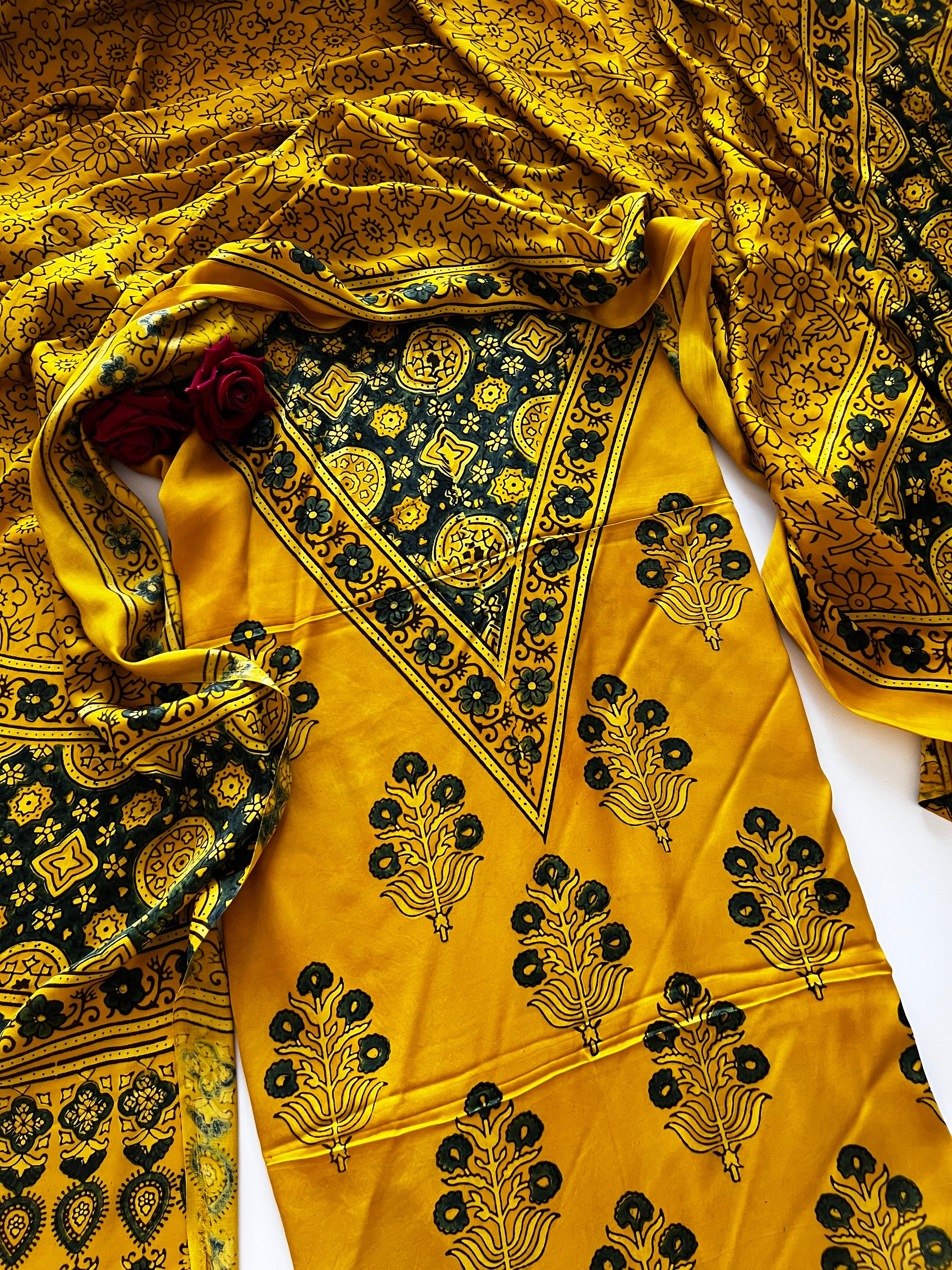 Yellow Original Handblock Ajrakh print on Modal fabric Unstitched suit set