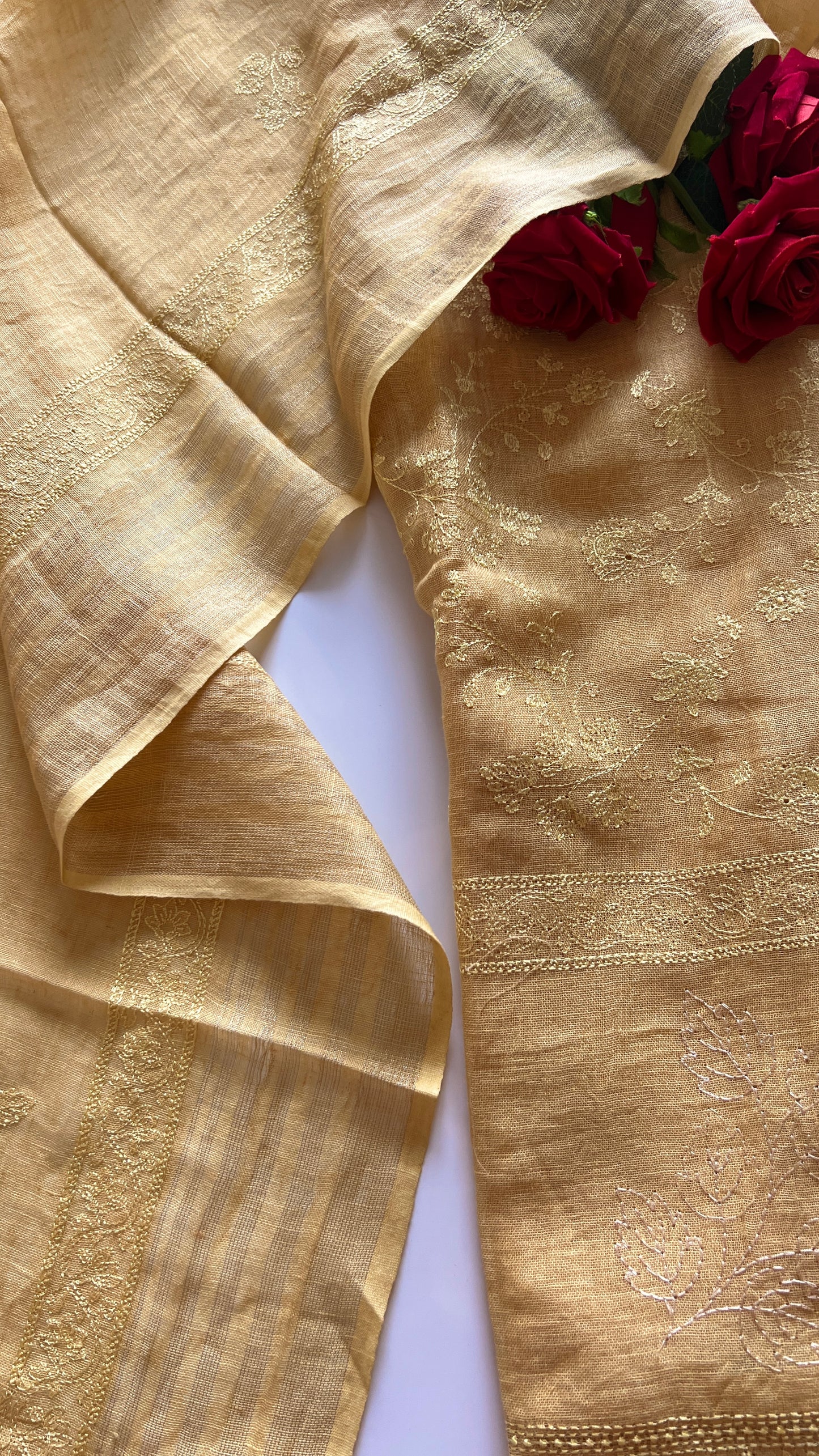 Yellow Pure Linen embroidered premium unstitched dress material