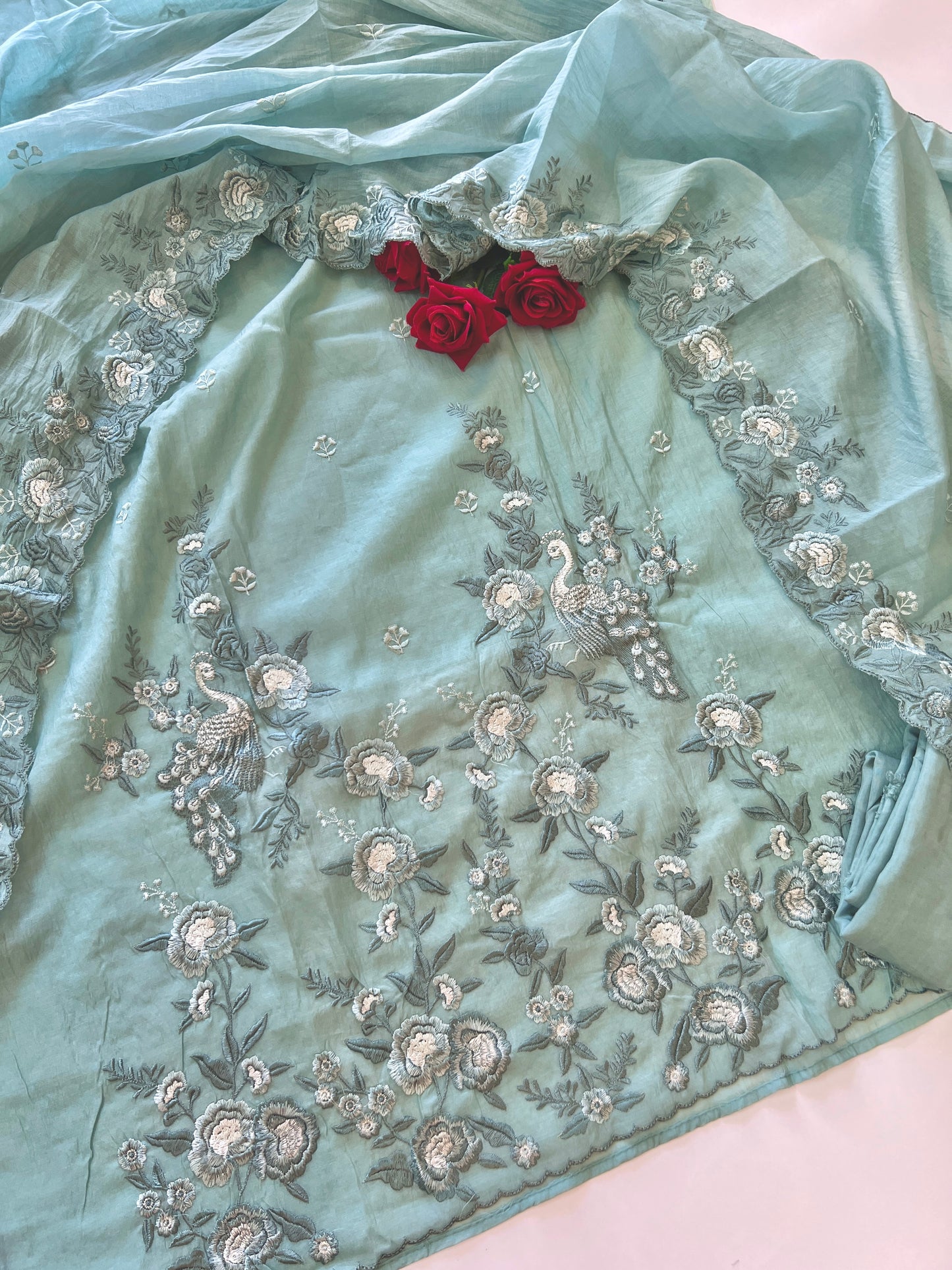 Aqua shade Mul Chanderi Thread embroidered Unstitched Suit